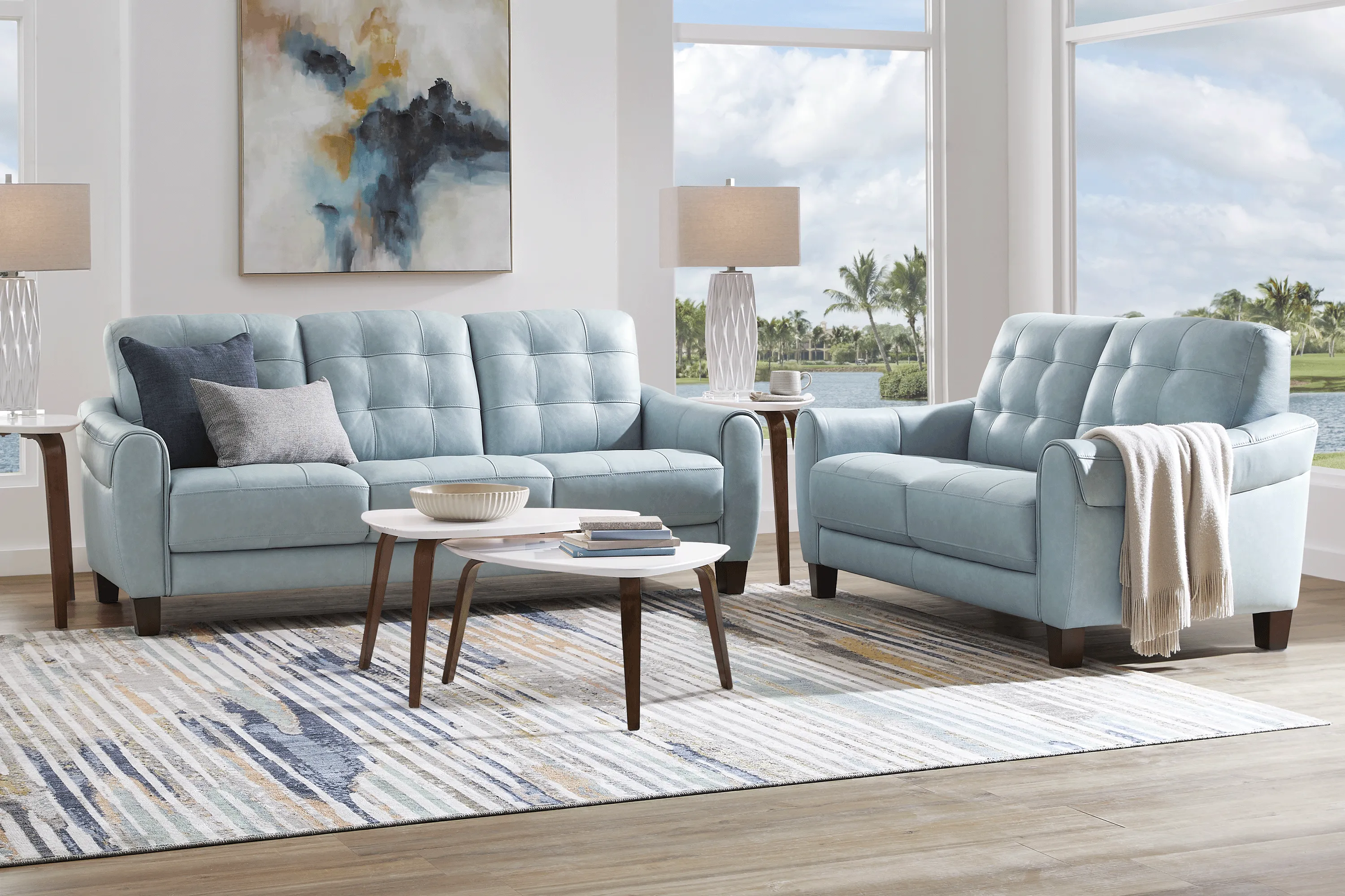 Ventura Square Blue Leather 5 Pc Living Room - Thumbnail - Image 1