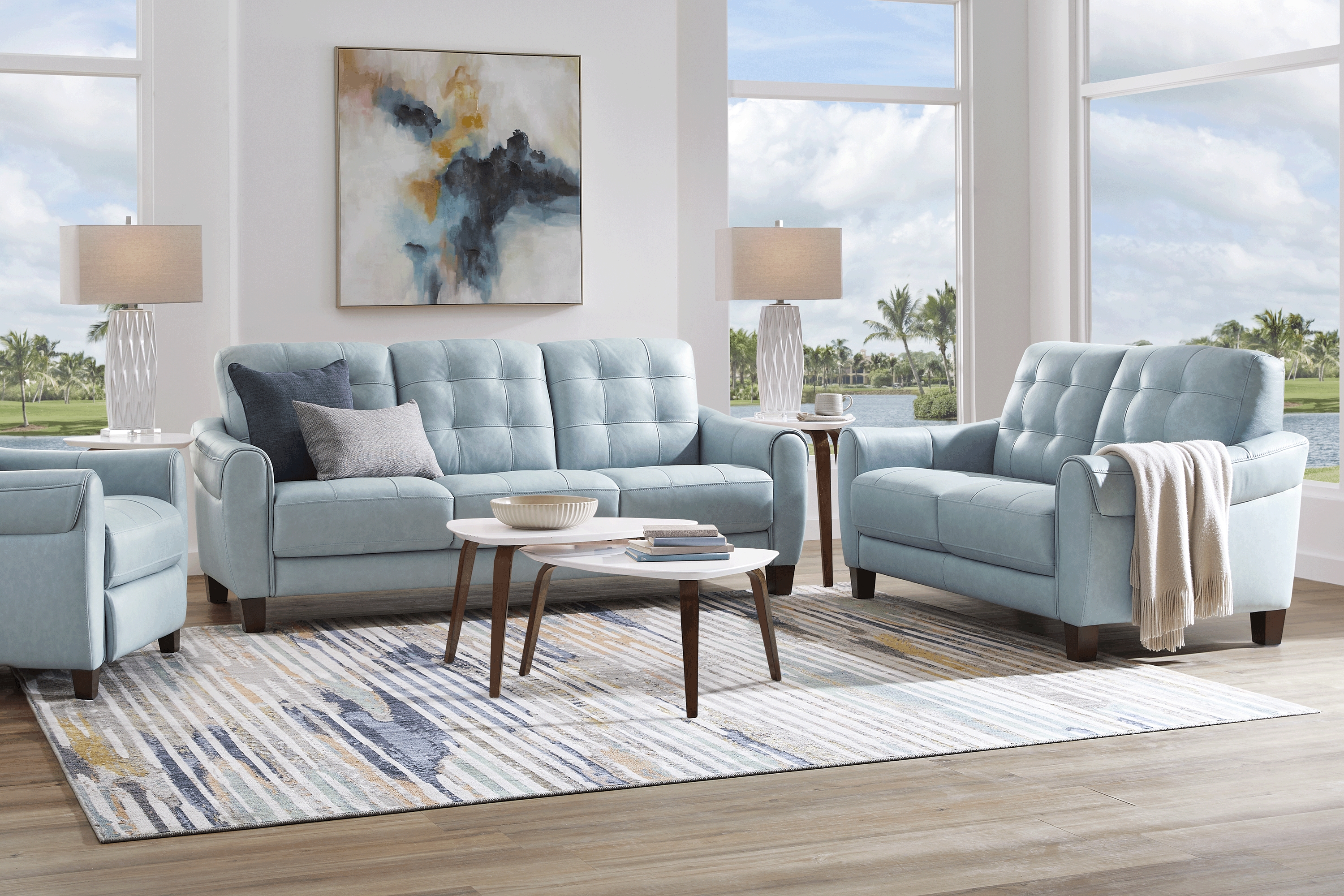 Ventura Square Blue Leather 6 Pc Living Room - Thumbnail - Image 1