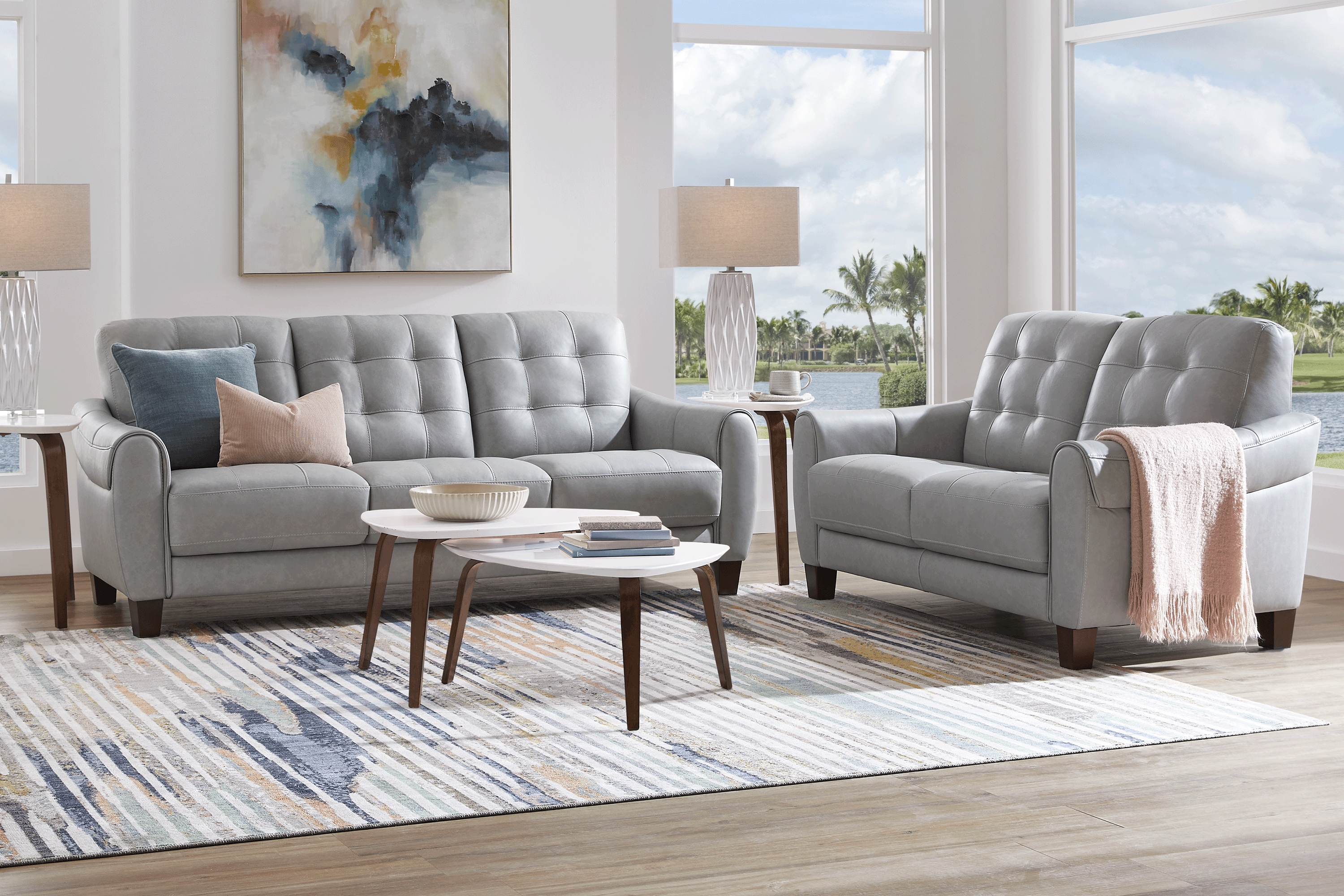 Ventura Square Gray Leather 7 Pc Living Room - Thumbnail - Image 1