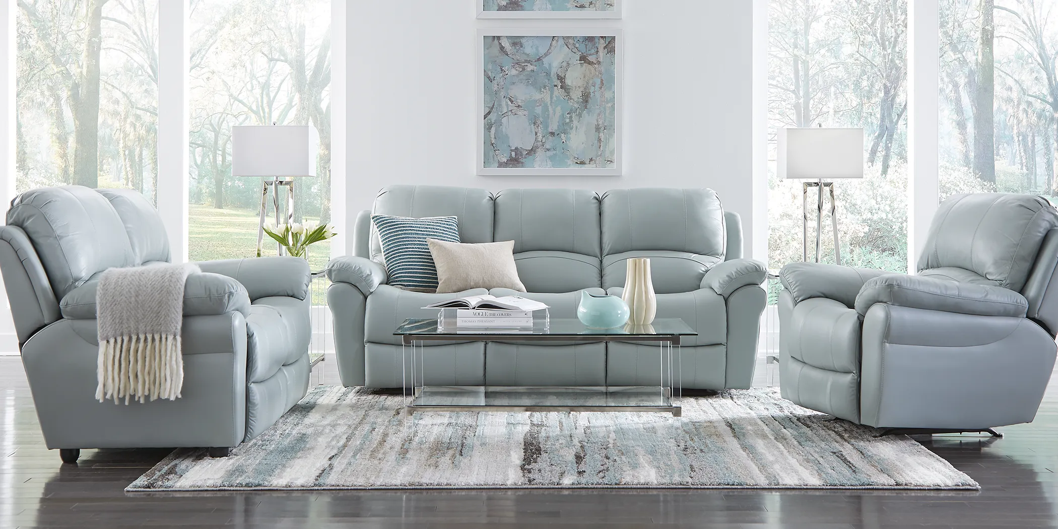Vercelli Aqua Leather 3 Pc Living Room with Reclining Sofa - Thumbnail - Image 1