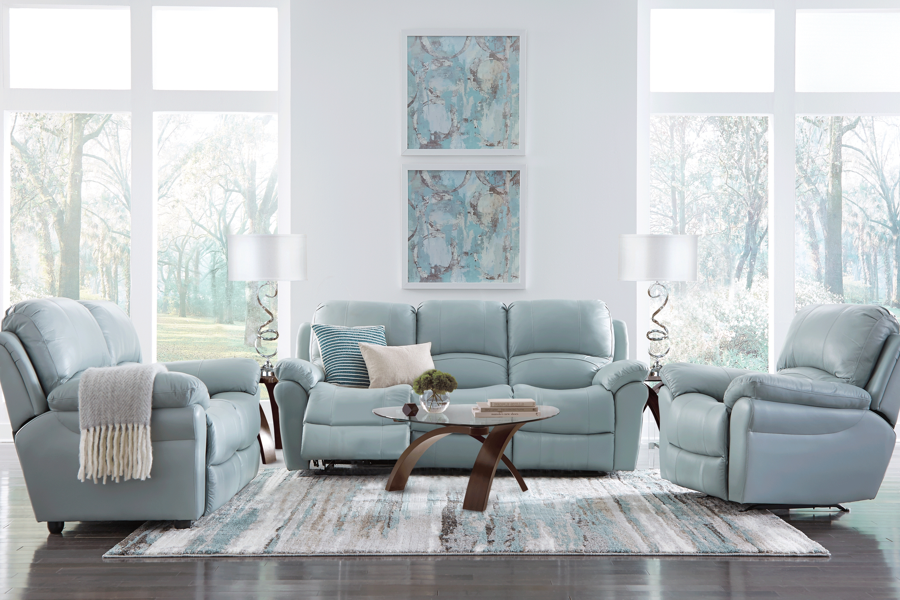 Vercelli Aqua Leather 3 Pc Living Room with Reclining Sofa - Thumbnail - Image 1