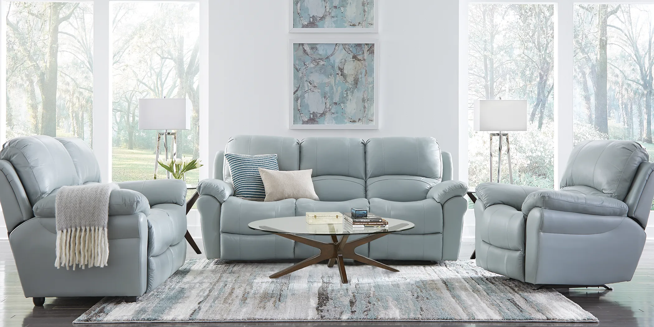 Vercelli Aqua Leather 5 Pc Living Room with Reclining Sofa - Thumbnail - Image 1