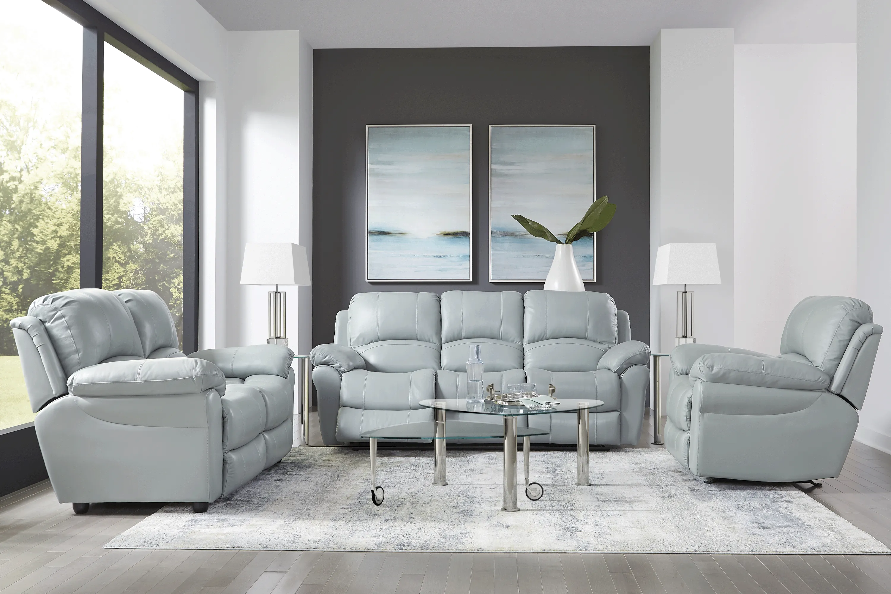 Vercelli Aqua Leather 7 Pc Living Room with Reclining Sofa - Thumbnail - Image 1