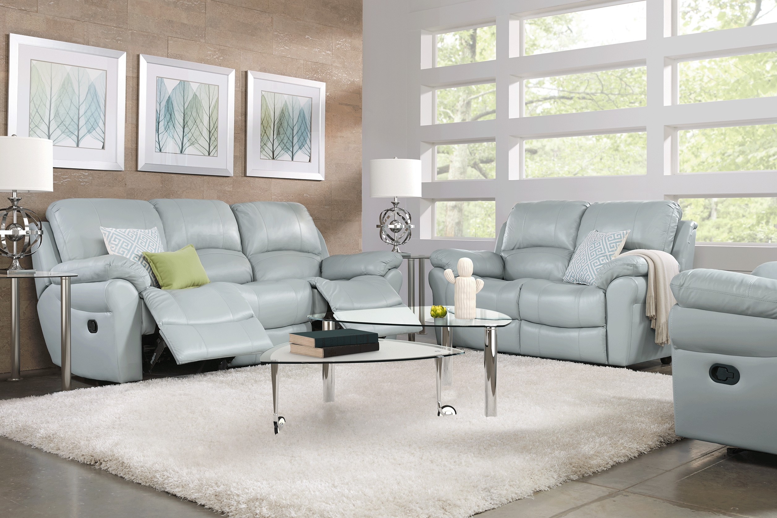 Vercelli Aqua Leather 7 Pc Living Room with Reclining Sofa - Thumbnail - Image 1