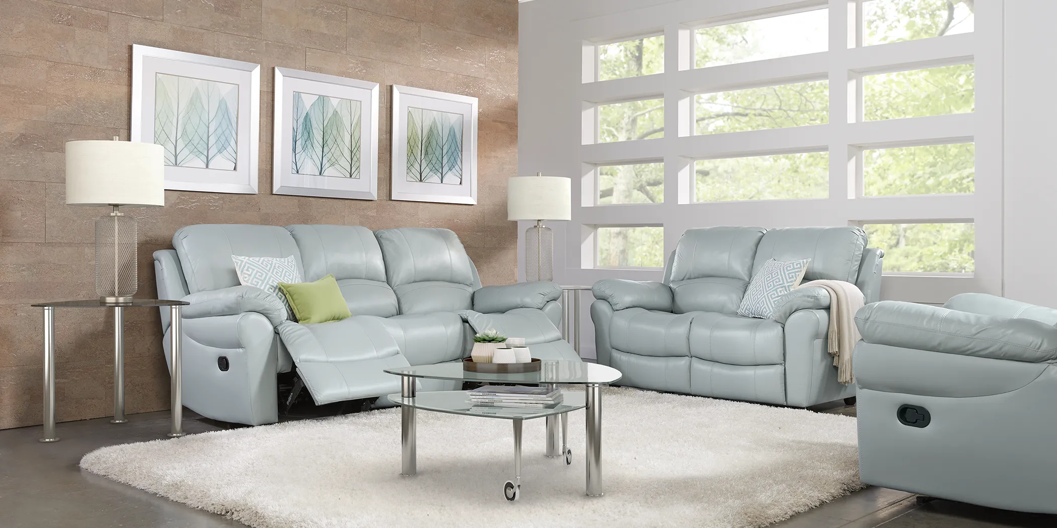 Vercelli Aqua Leather 7 Pc Living Room with Reclining Sofa - Thumbnail - Image 1