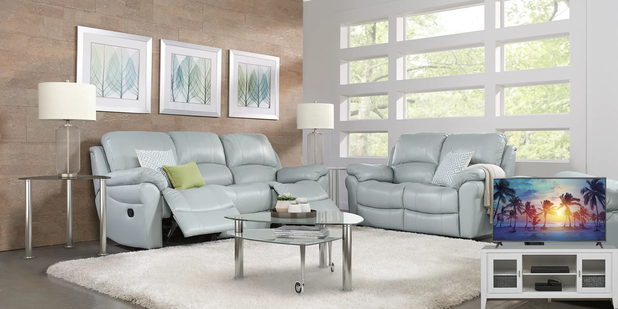 Vercelli Aqua Leather 8 Pc Living Room with Reclining Sofa Plus 70 in. TV - Thumbnail - Image 1