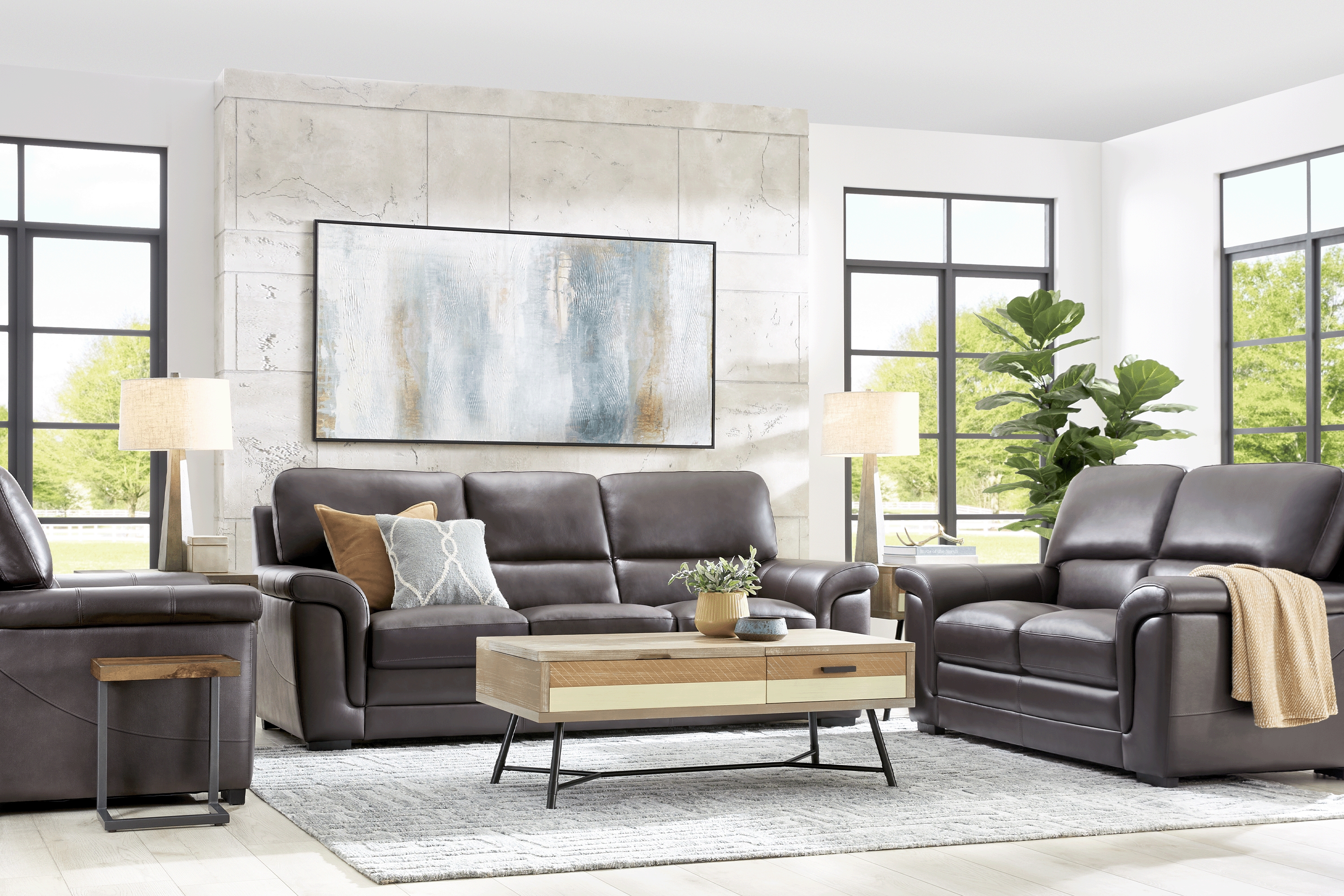 Villa Ashbury Brown Leather 3 Pc Living Room - Thumbnail - Image 1