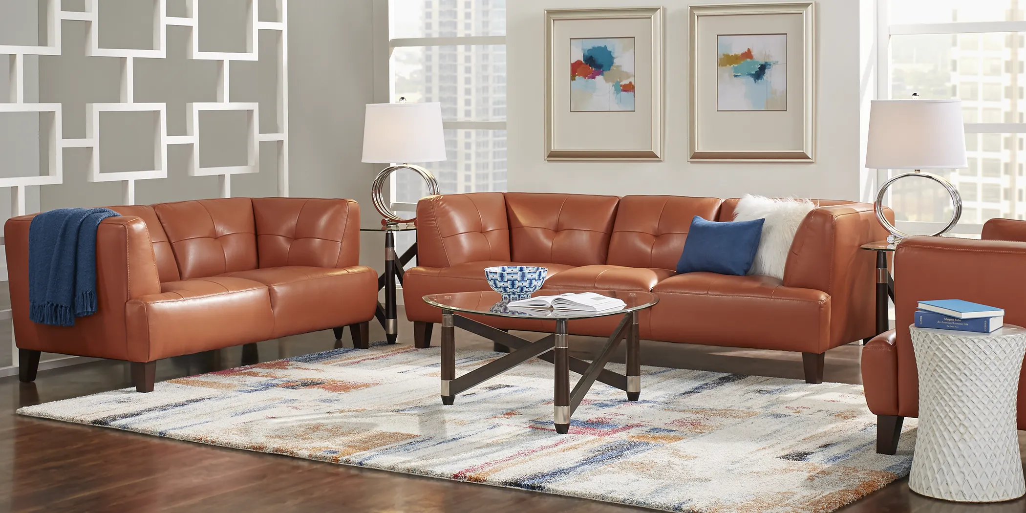 Villa Capri Orange 5 Pc Leather Living Room - Thumbnail - Image 1