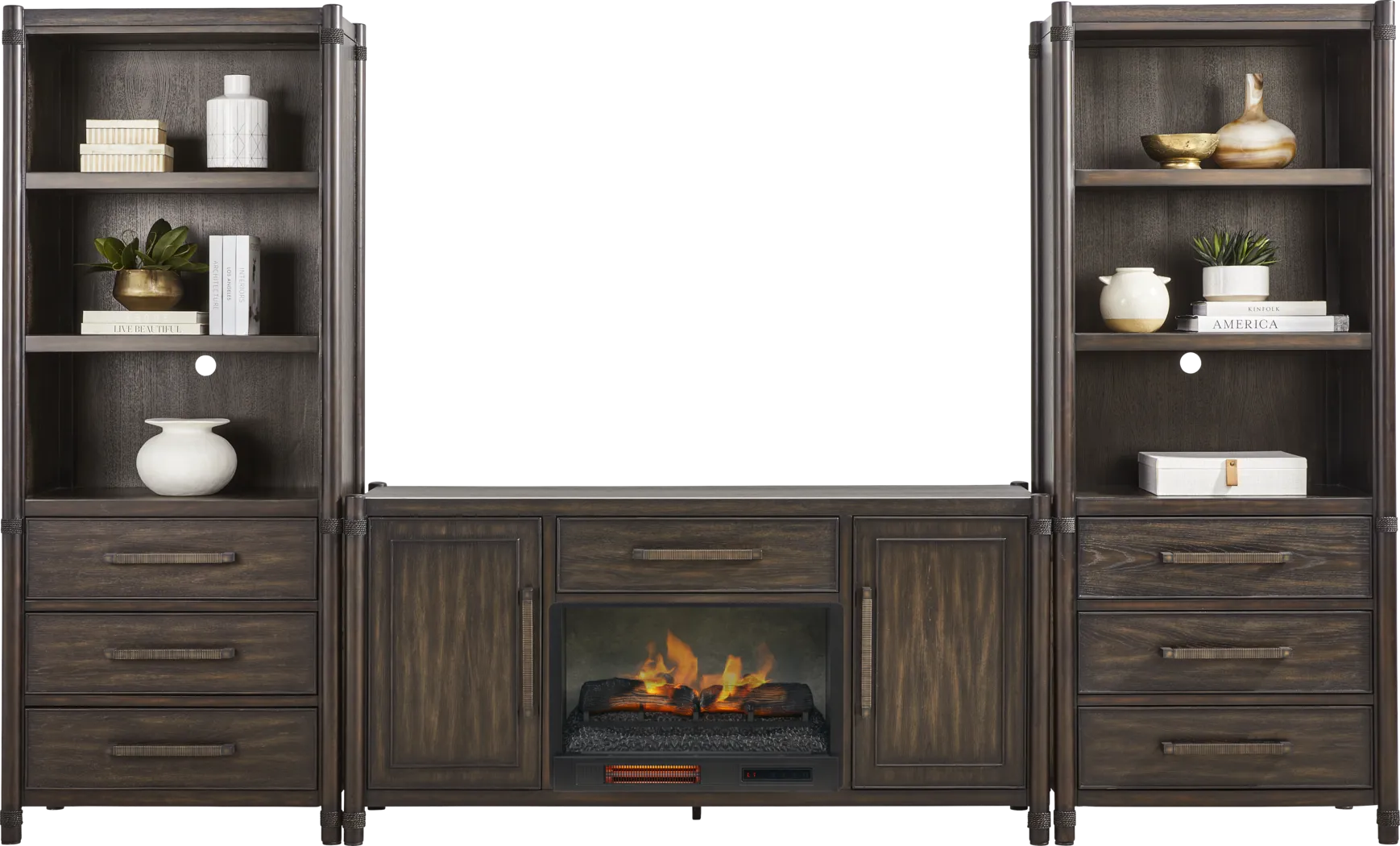Vineyard Estates Brown 3 Pc Wall Unit with 66 in. Console and Electric Log Fireplace - Thumbnail - Image 2