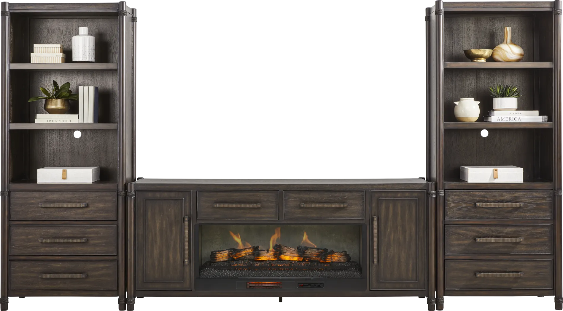 Vineyard Estates Brown 3 Pc Wall Unit with 78 in. Console and Electric Log Fireplace - Thumbnail - Image 2
