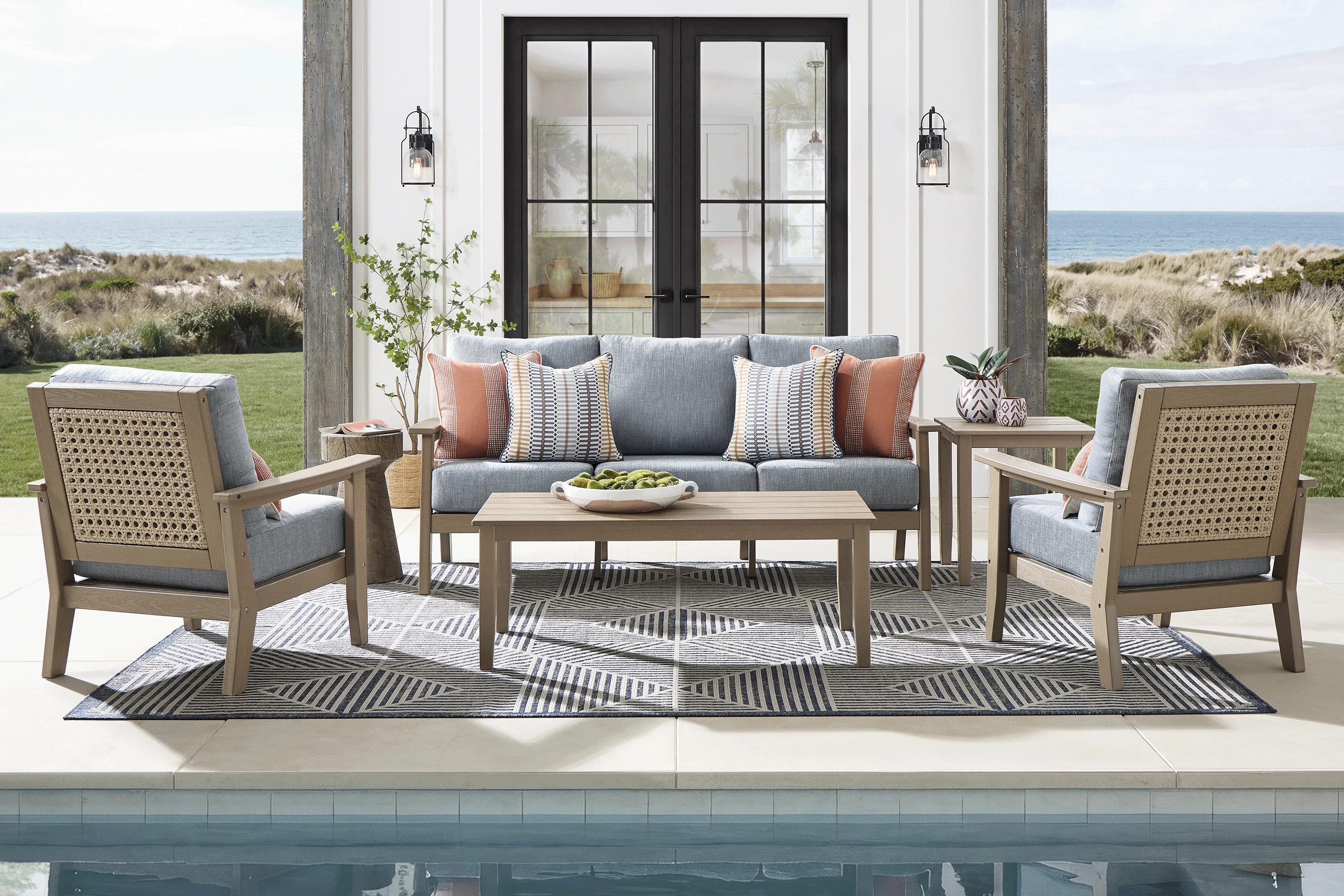 Wakefield Brown Outdoor Sofa with Denim Cushions - Image 1