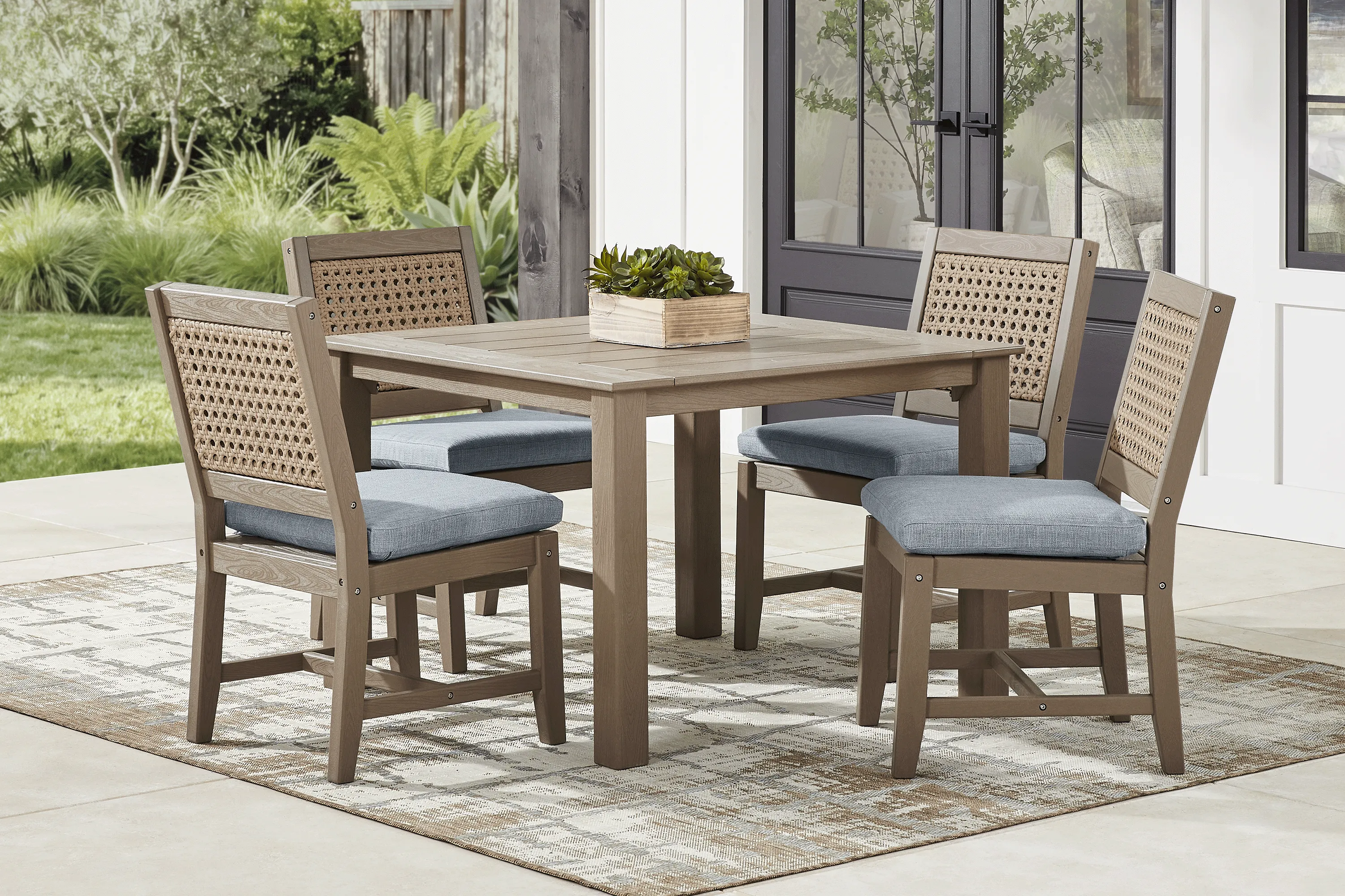 Wakefield Brown 5 Pc 42 in. Square Outdoor Dining Set with Denim Cushions - Image 1