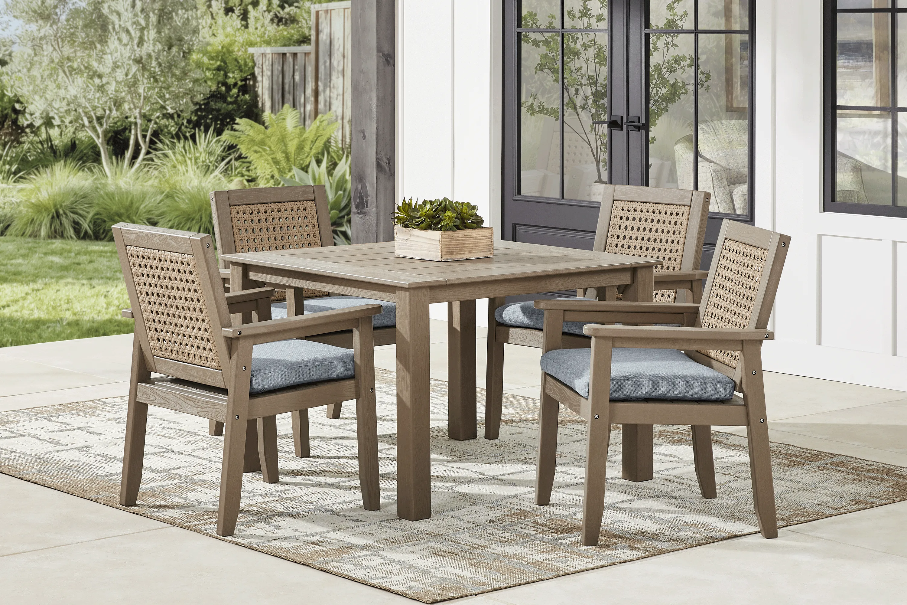 Wakefield Brown 5 Pc 42 in. Square Outdoor Dining Set with Denim Cushions - Image 1