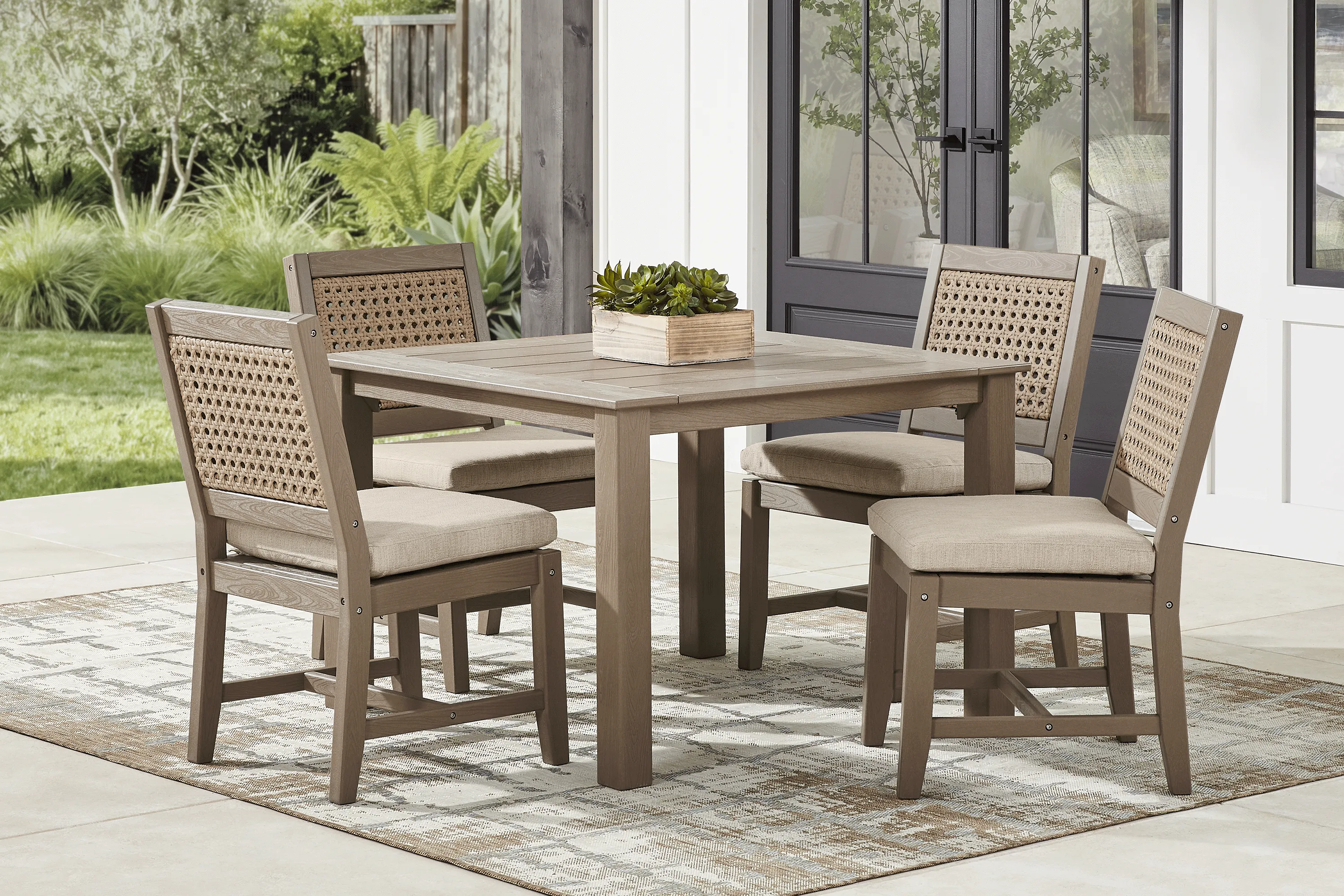 Wakefield Brown 5 Pc 42 in. Square Outdoor Dining Set with Oat Cushions - Image 1
