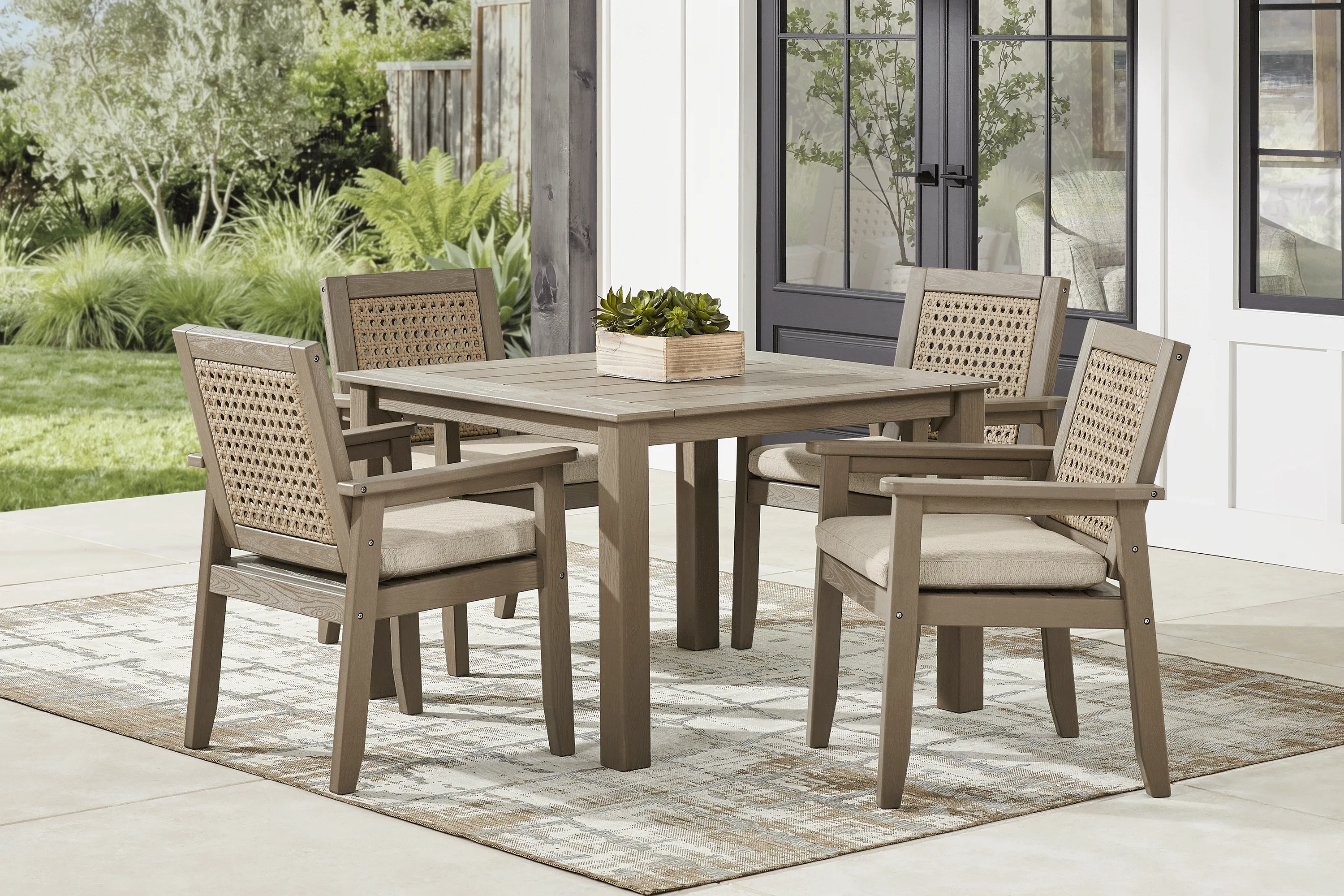 Wakefield Brown 5 Pc 42 in. Square Outdoor Dining Set with Oat Cushions - Image 1