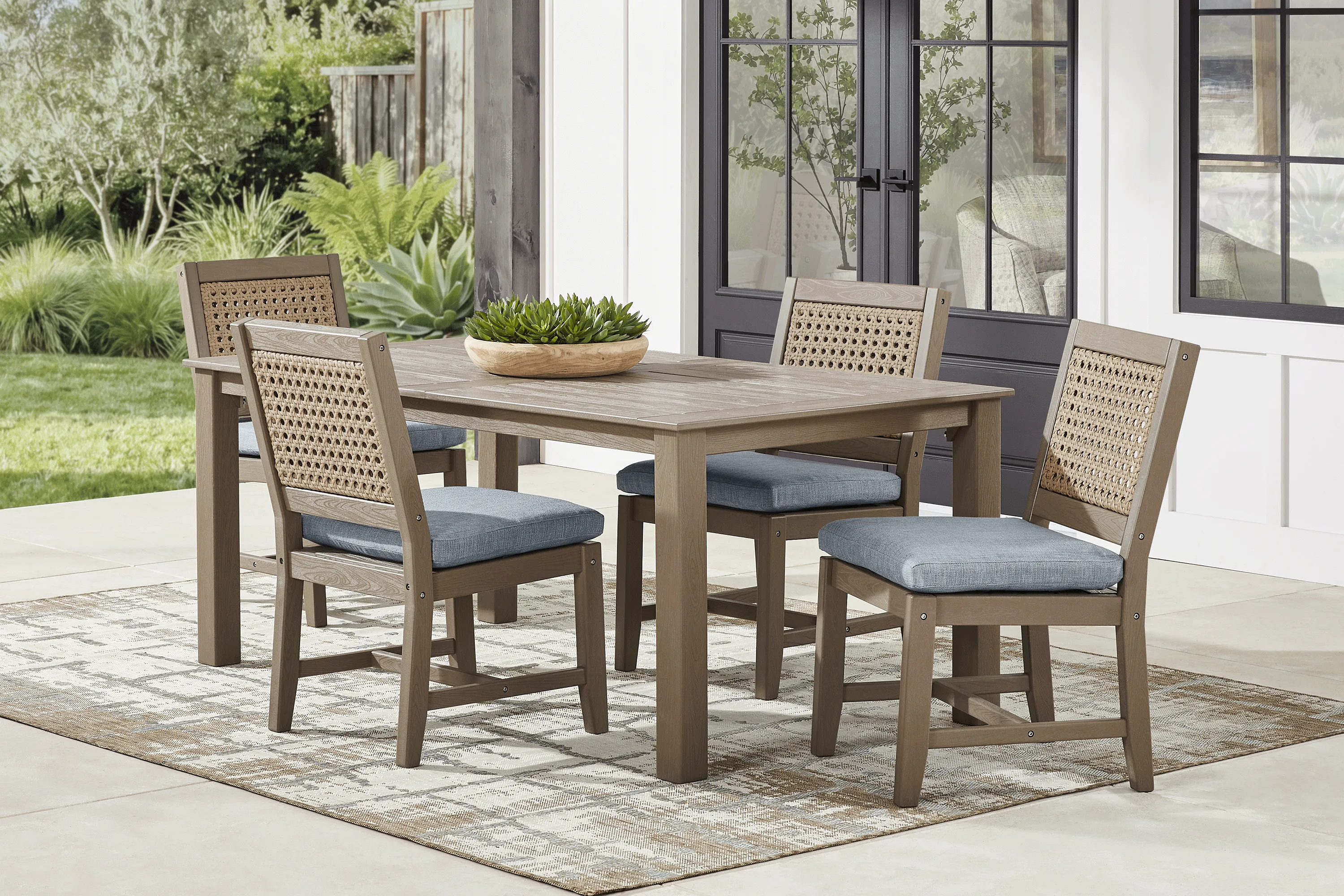 Wakefield Brown 5 Pc 71 in. Outdoor Dining Set with Denim Cushions - Image 1
