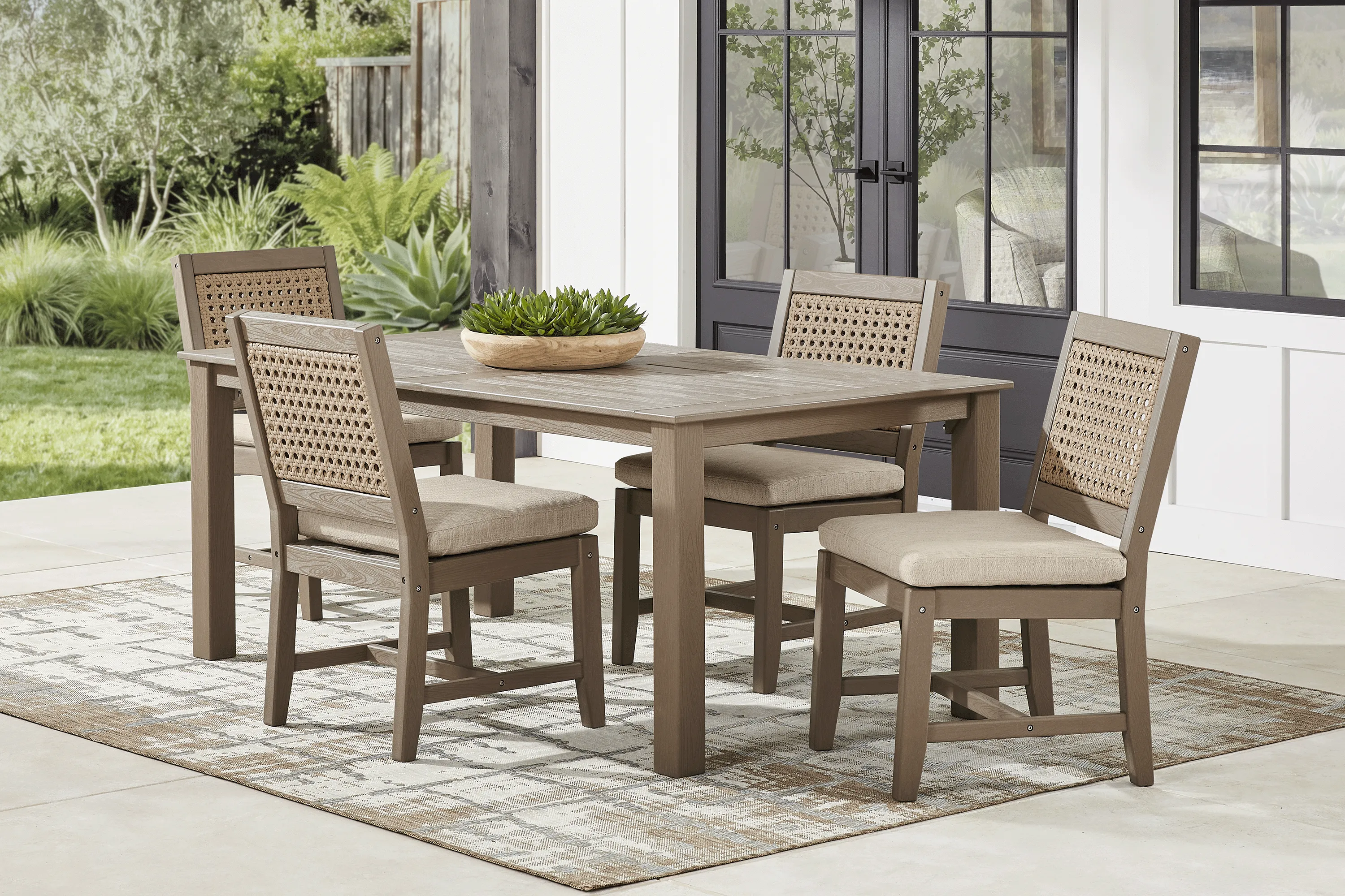 Wakefield Brown 5 Pc 71 in. Outdoor Dining Set with Oat Cushions - Image 1