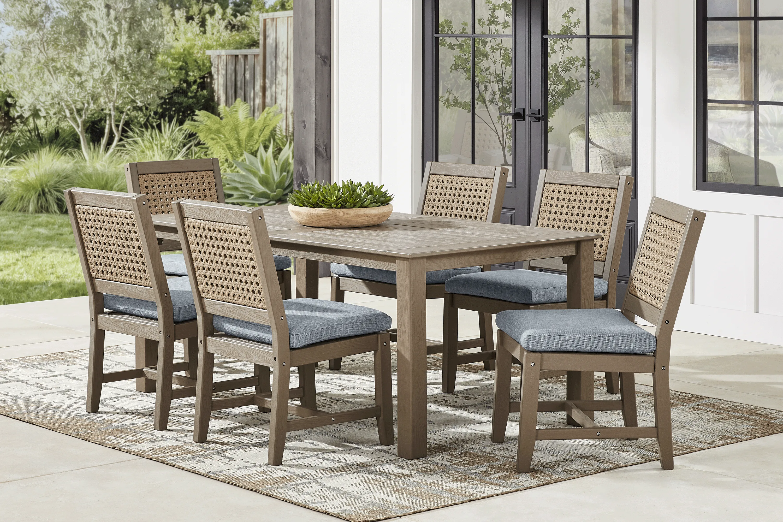 Wakefield Brown 7 Pc 71 in. Outdoor Dining Set with Denim Cushions - Image 1
