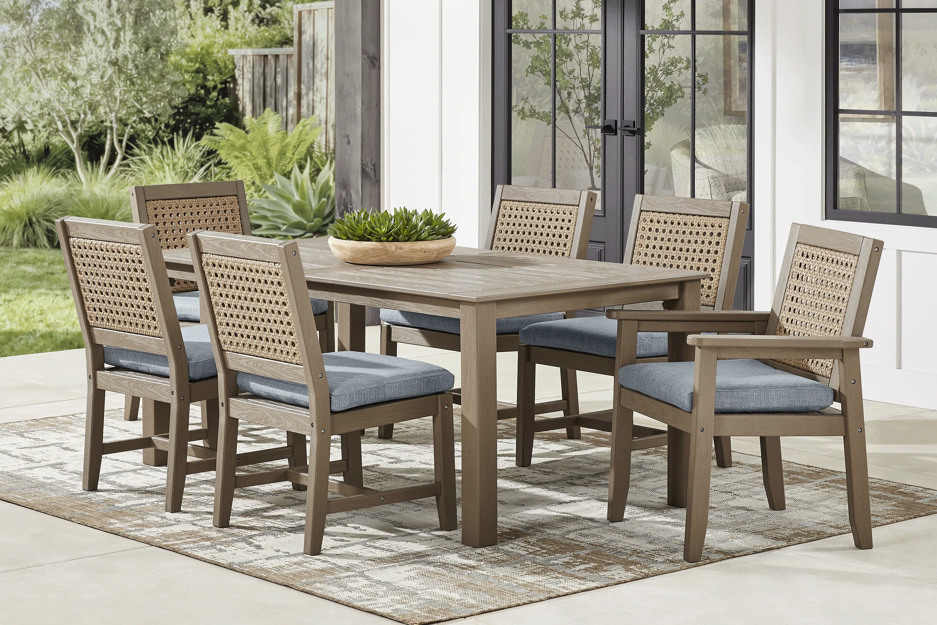 Wakefield Brown 7 Pc 71 in. Outdoor Dining Set with Denim Cushions - Image 1
