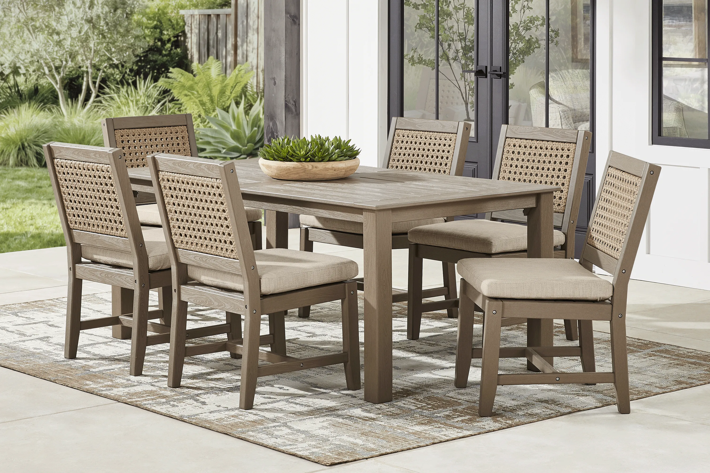 Wakefield Brown 7 Pc 71 in. Outdoor Dining Set with Oat Cushions - Image 1