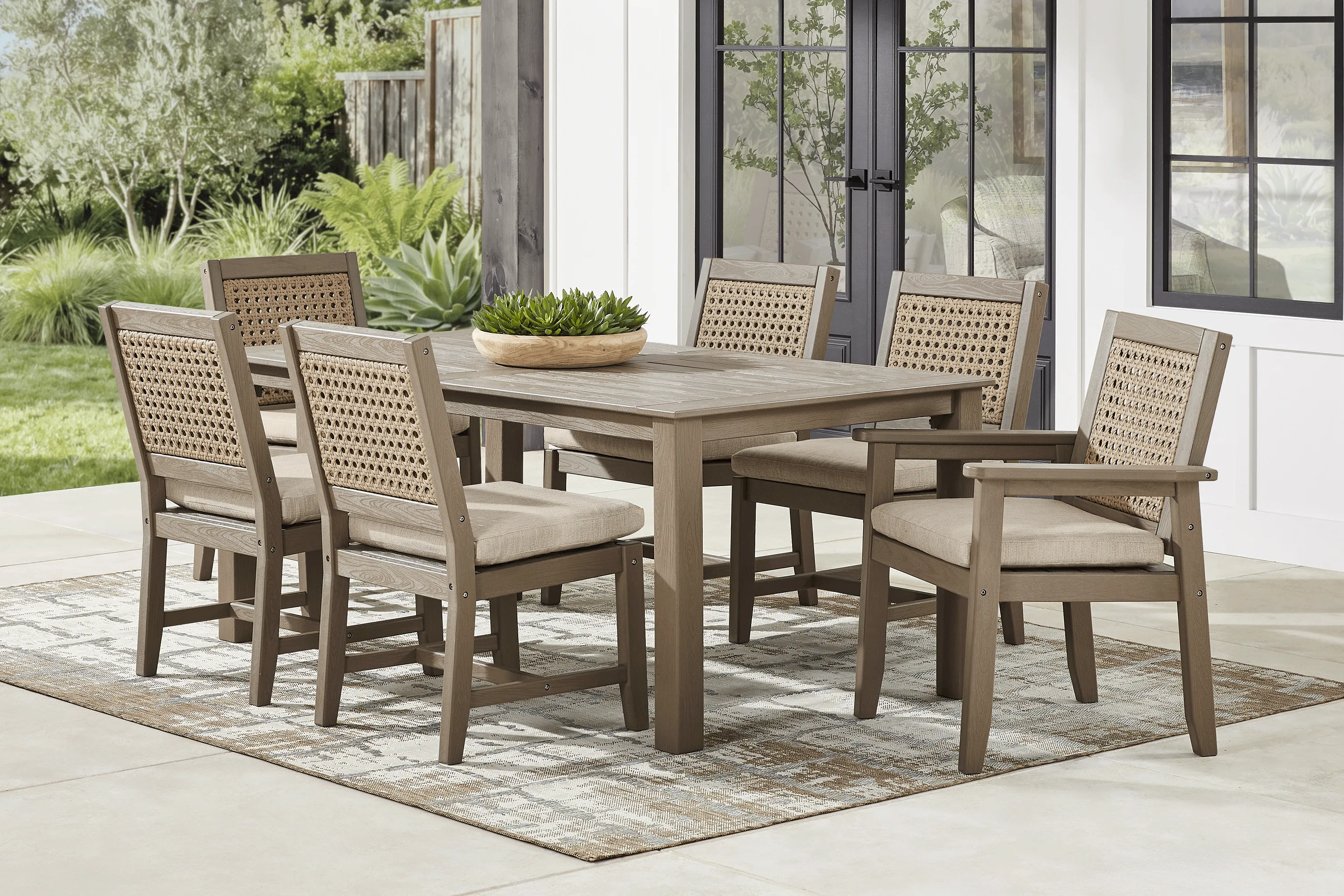 Wakefield Brown 7 Pc 71 in. Outdoor Dining Set with Oat Cushions - Image 1