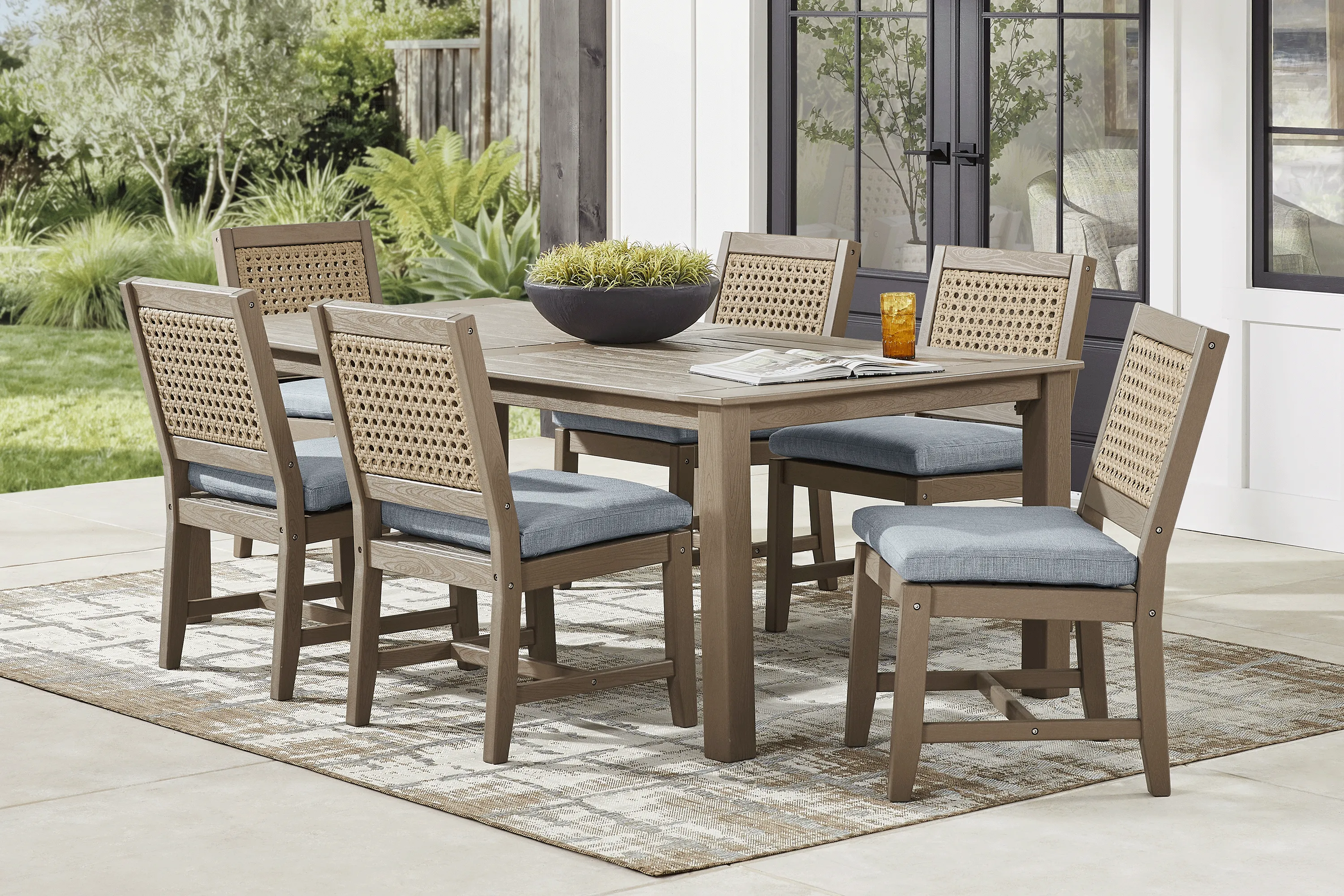 Wakefield Brown 7 Pc 84 in. Outdoor Dining Set with Denim Cushions - Image 1