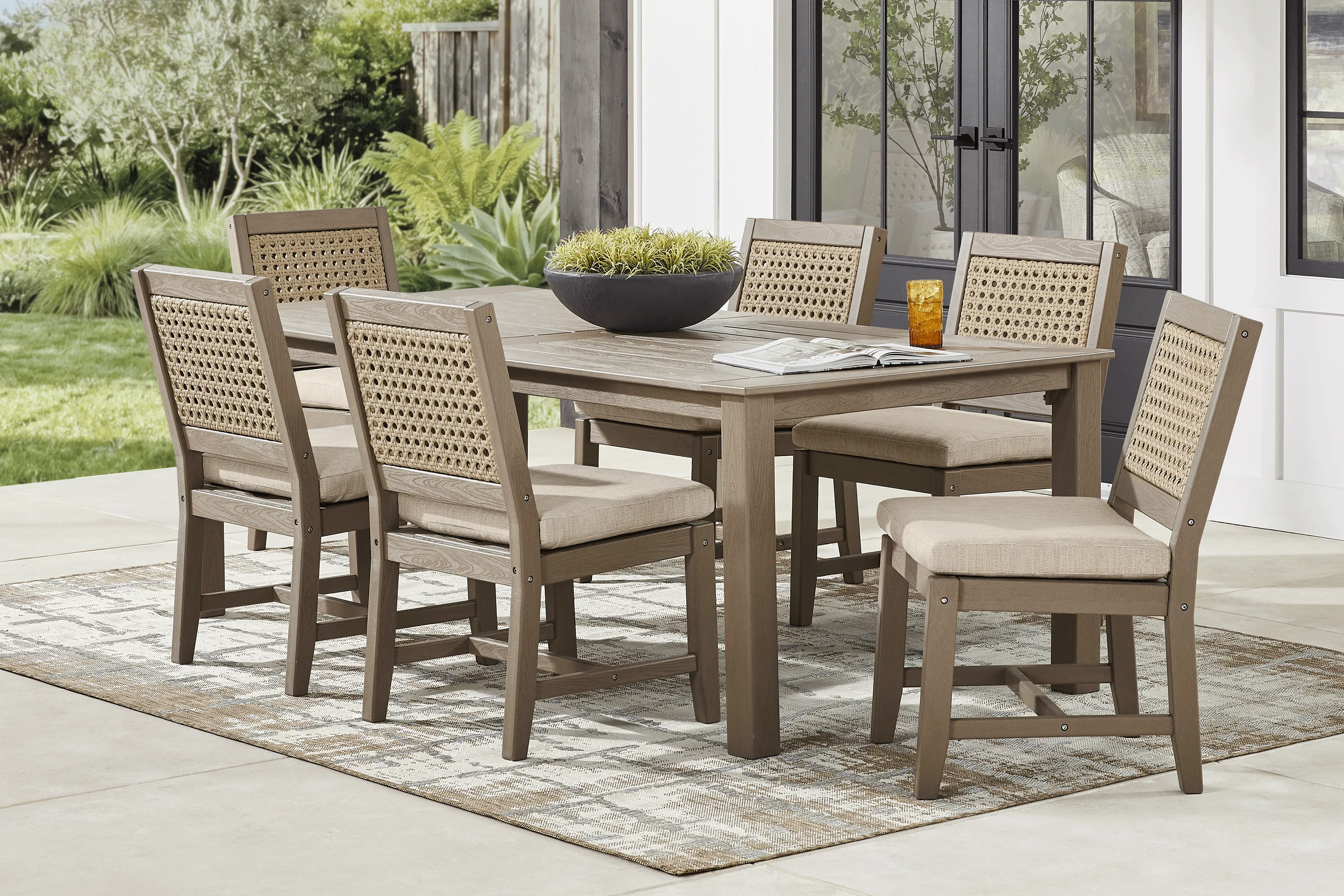 Wakefield Brown 7 Pc 84 in. Outdoor Dining Set with Oat Cushions - Image 1