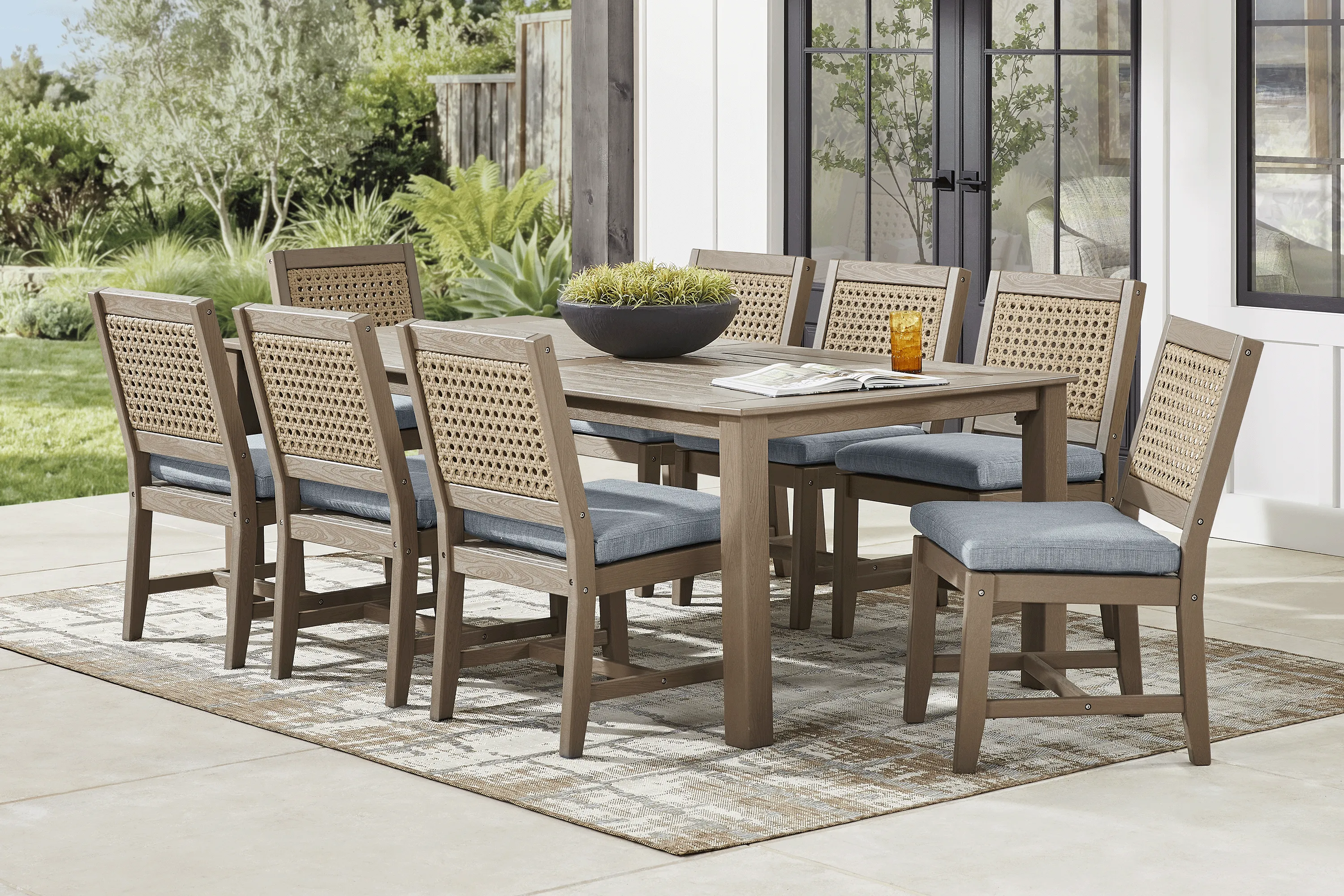 Wakefield Brown 9 Pc 84 in. Outdoor Dining Set with Denim Cushions - Image 1