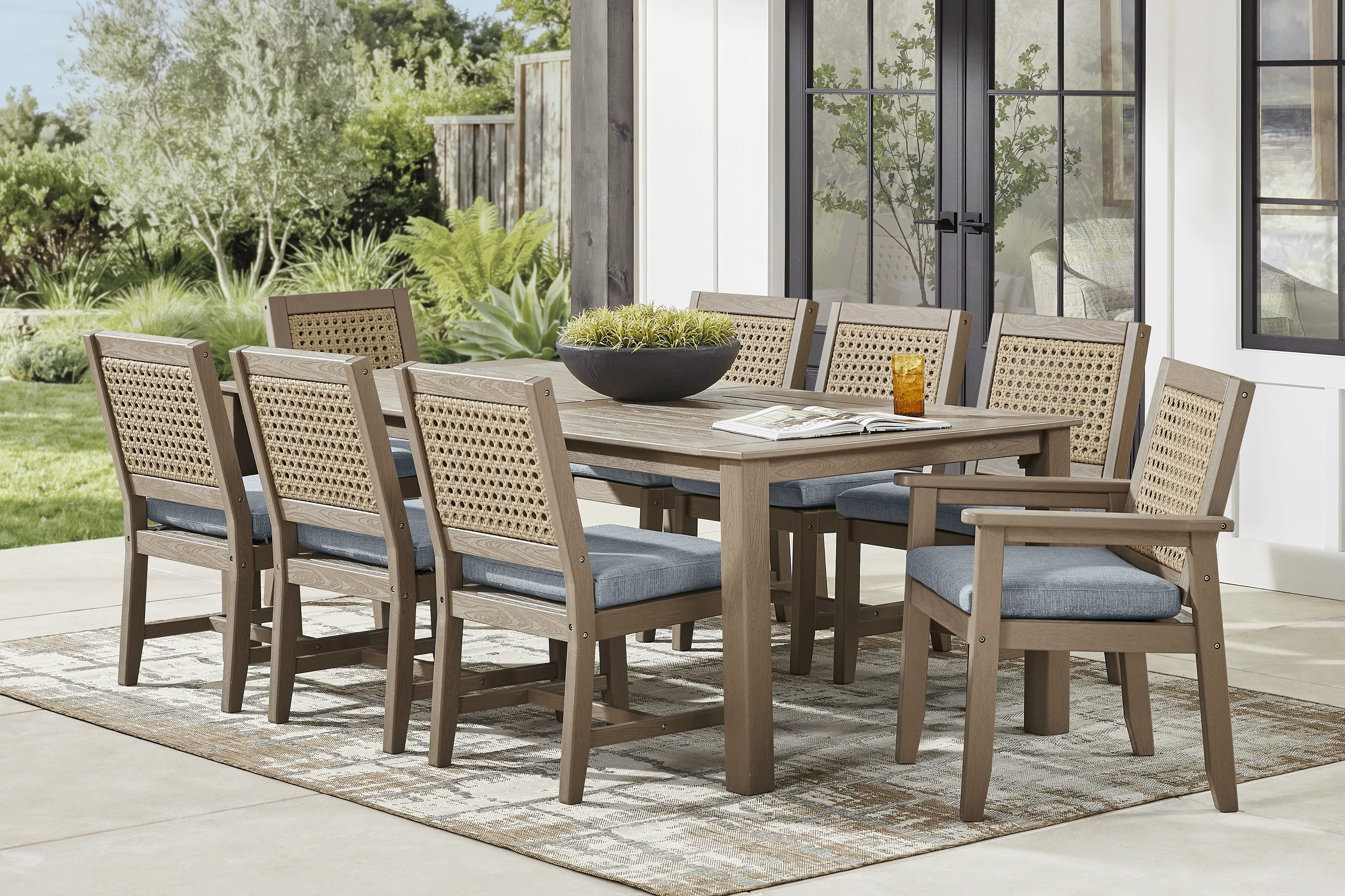 Wakefield Brown 9 Pc 84 in. Outdoor Dining Set with Denim Cushions - Image 1