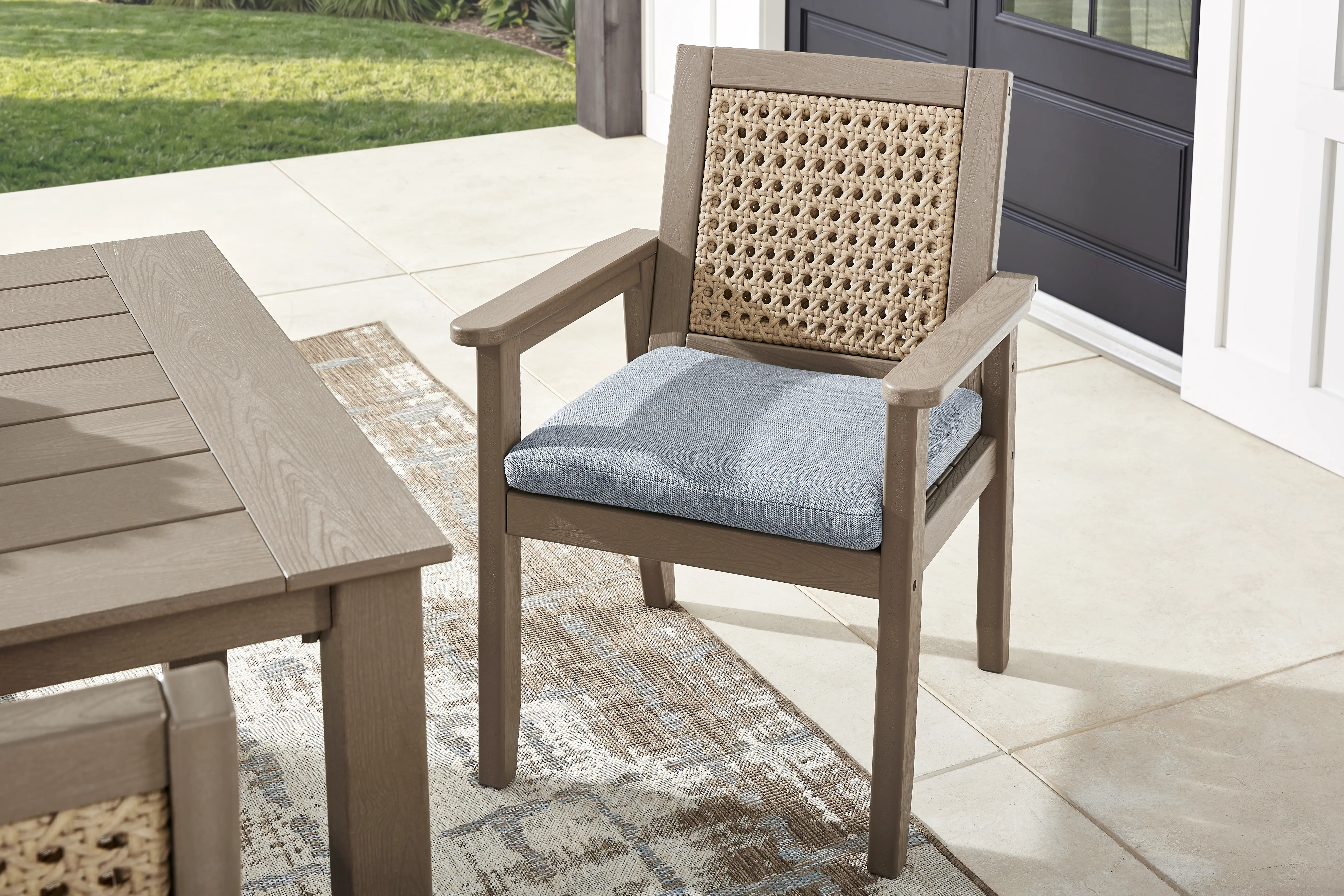 Wakefield Brown 7 Pc 71 in. Outdoor Dining Set with Denim Cushions - Image 9