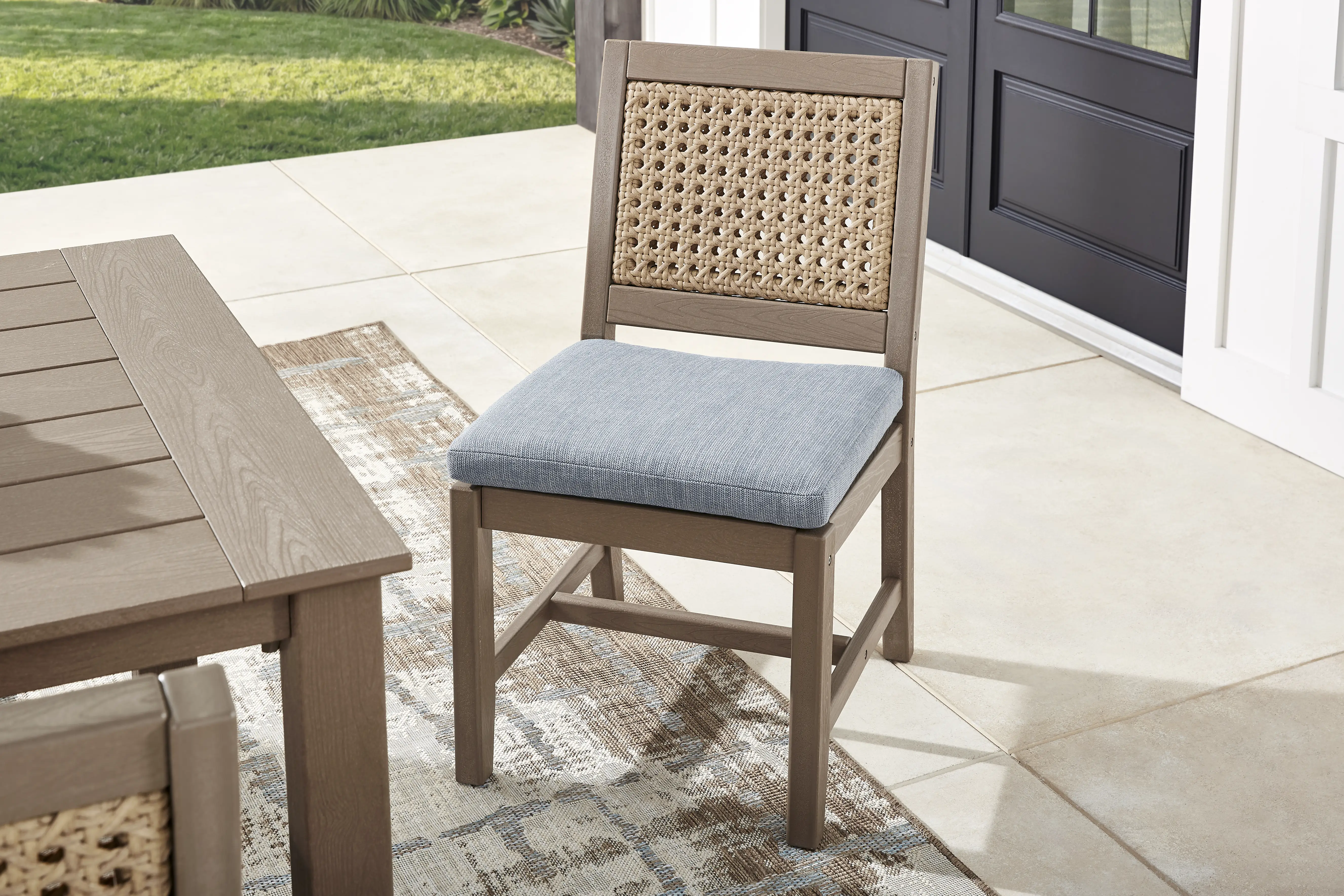 Wakefield Brown 7 Pc 71 in. Outdoor Dining Set with Denim Cushions - Image 12