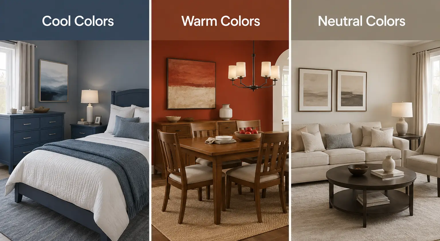 Cool Colors, Warm Colors, Neutral Colors: A triptych showing a blue bedroom, a rust-colored dining room, and a beige living room.