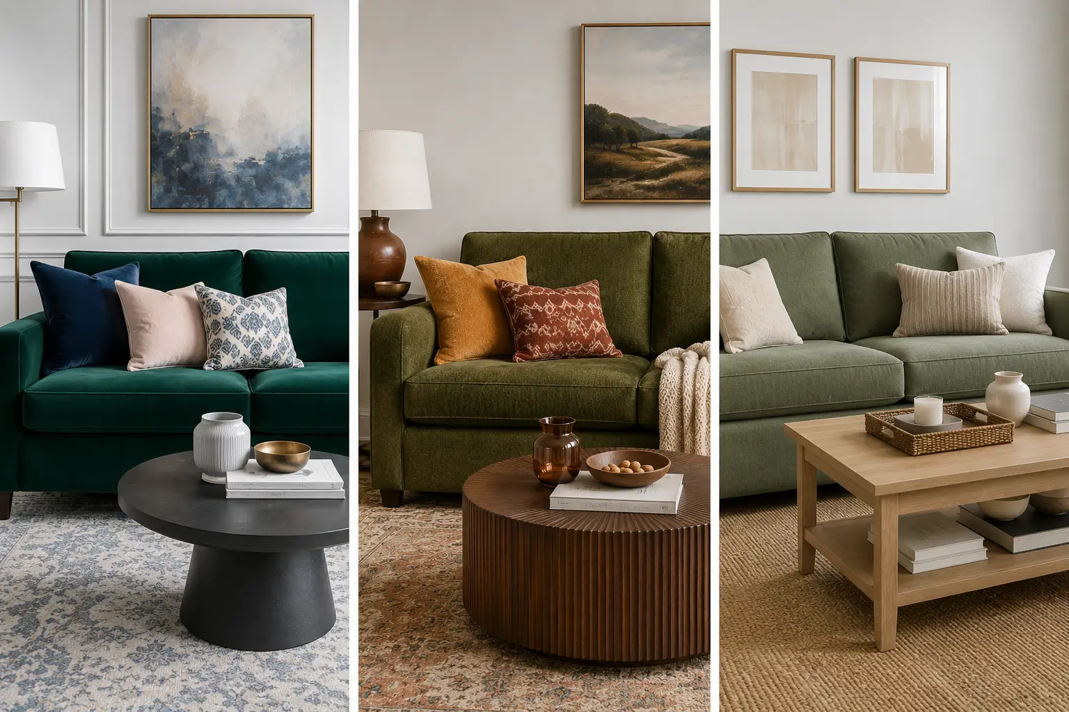 A triptych showing three living room setups featuring green sofas, decorative pillows, coffee tables, and wall art.