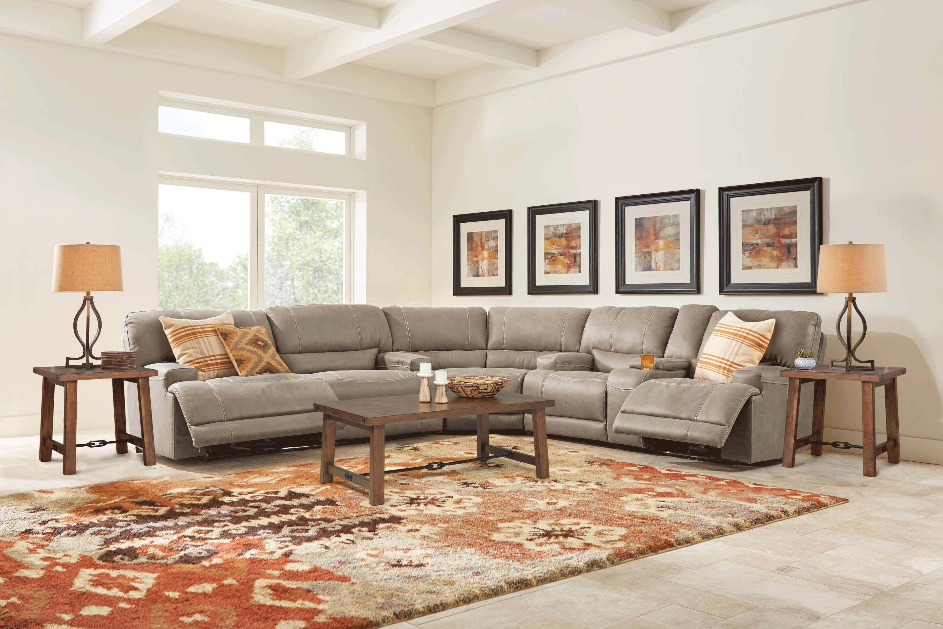 Warrendale Beige 5 Pc Power Reclining Sectional Living Room Plus 70 in. TV - Thumbnail - Image 1