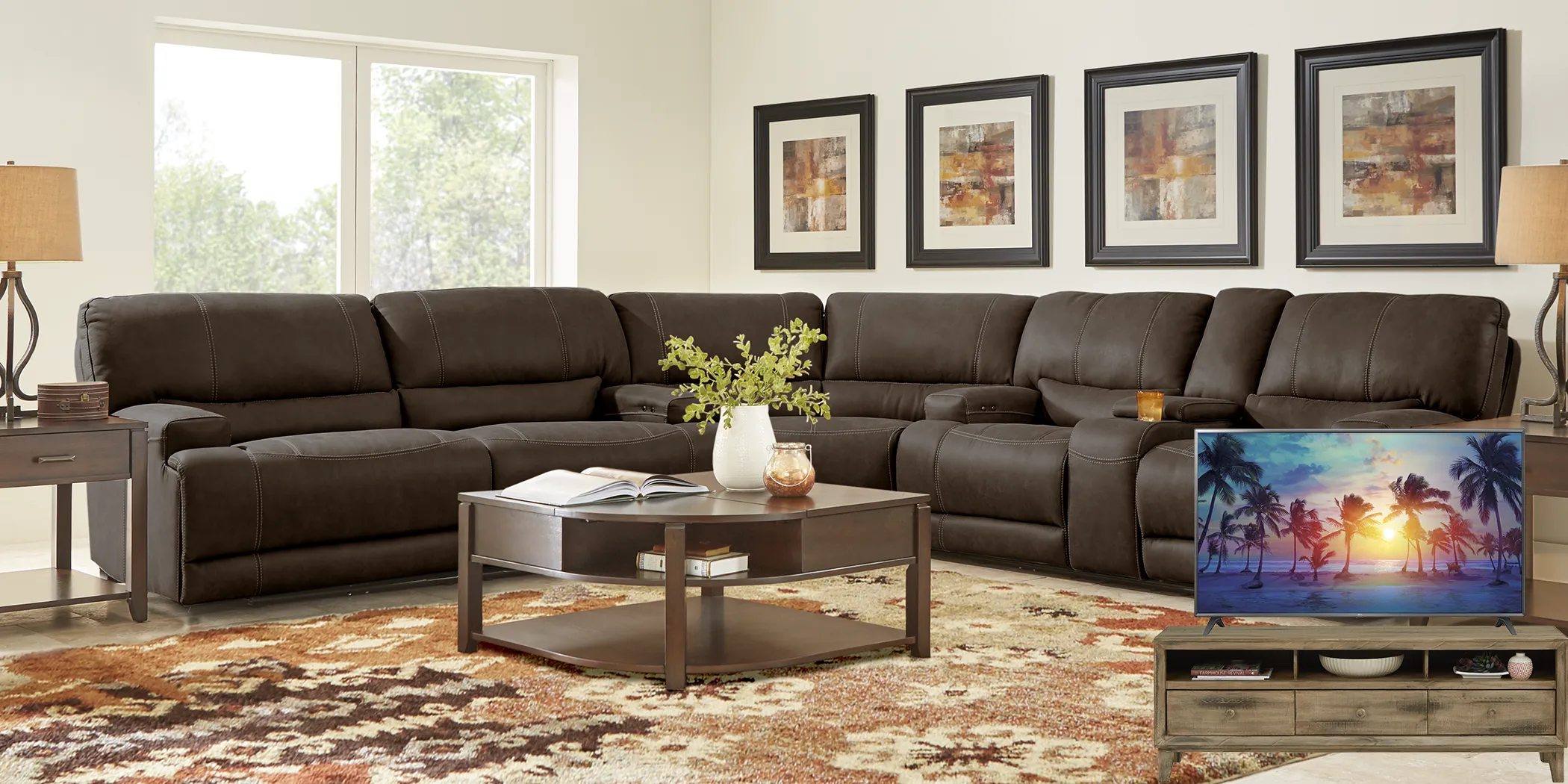 Warrendale Chocolate 5 Pc Power Reclining Sectional Living Room Plus 70 in. TV - Thumbnail - Image 1