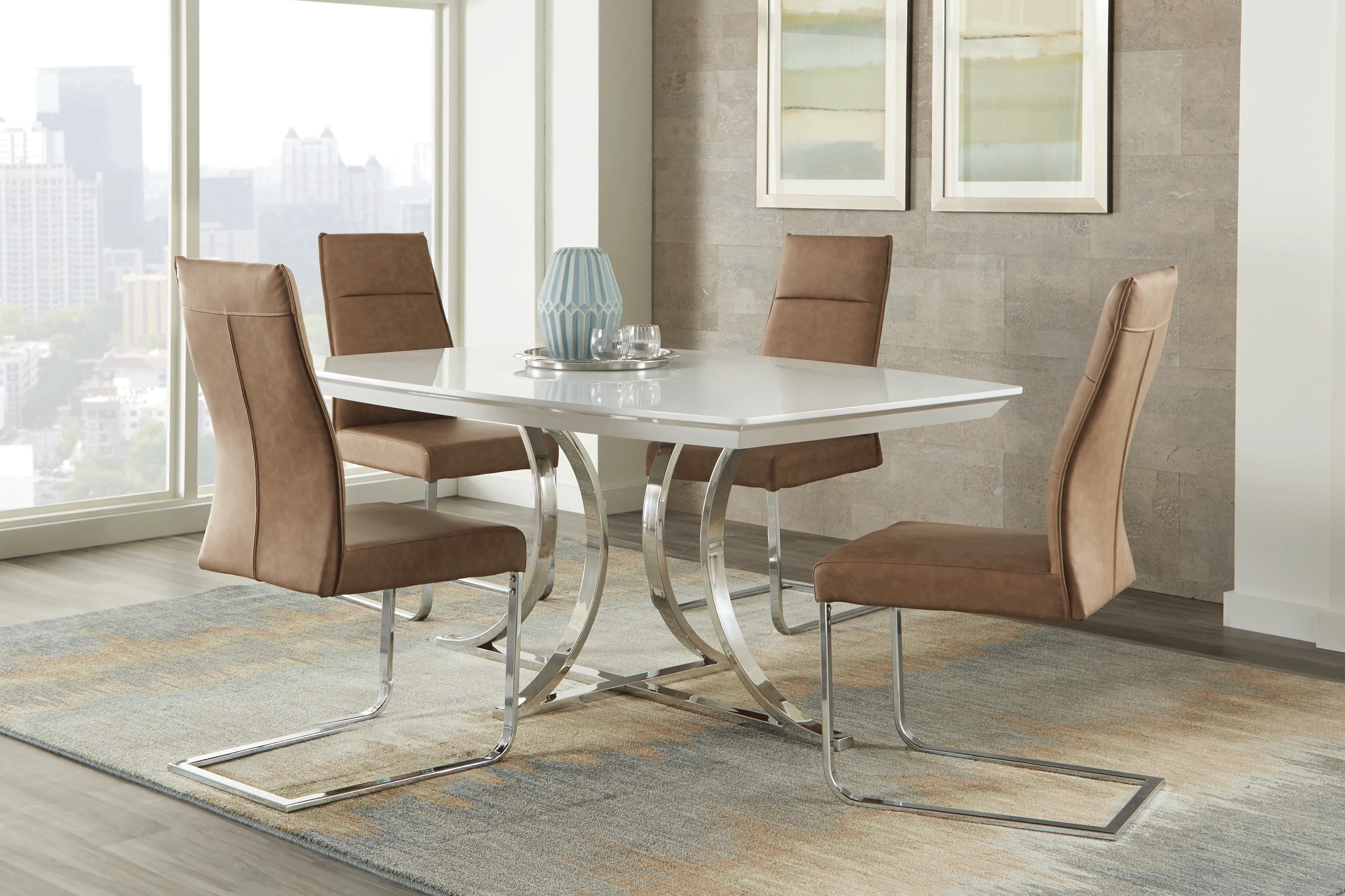 Washington Square White 5 Pc Dining Room with Camel Chairs - Thumbnail - Image 1