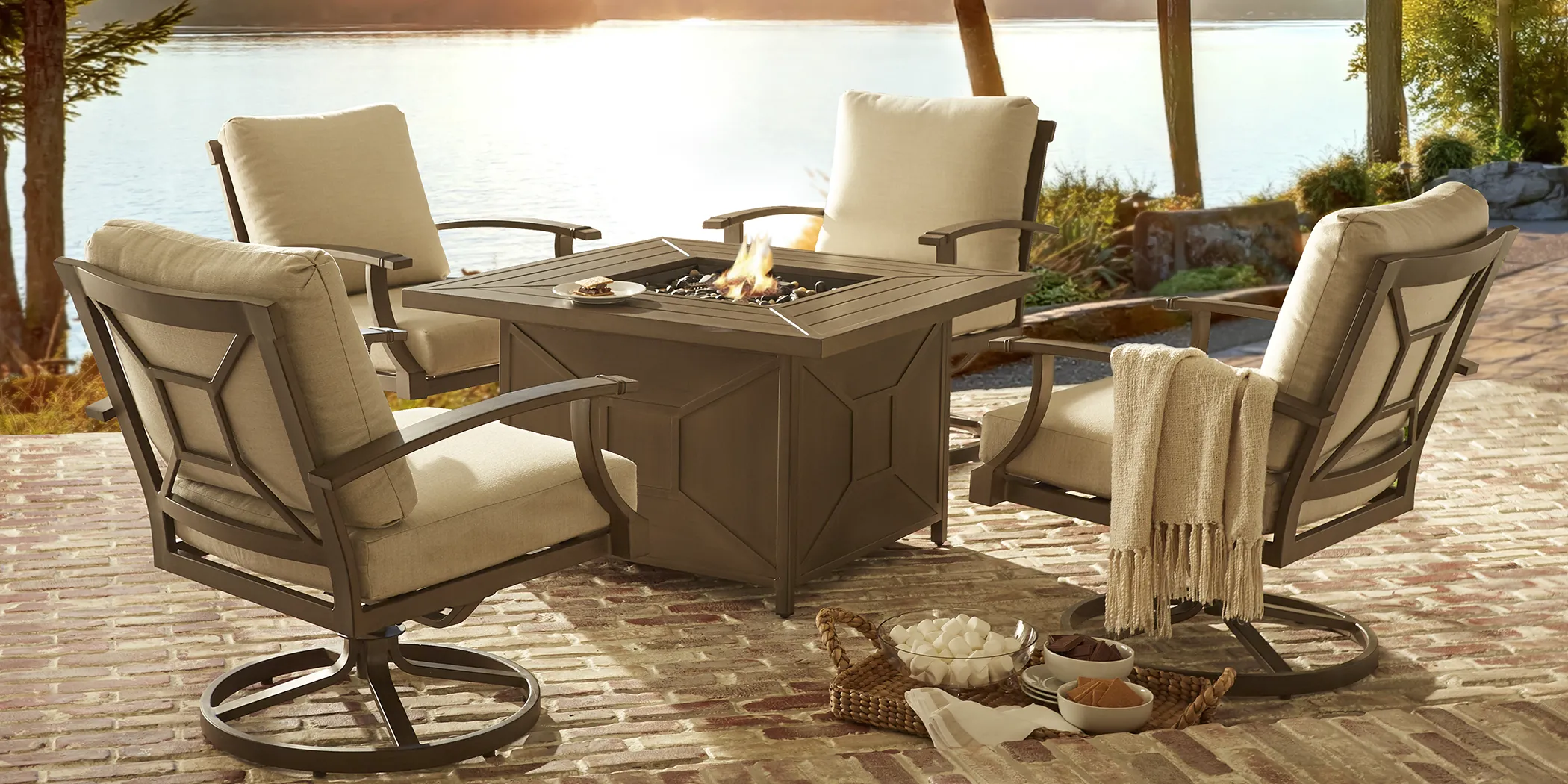 Waterfront Bronze 5 Pc Outdoor Fire Pit Set with Beige Cushions - Thumbnail - Image 1