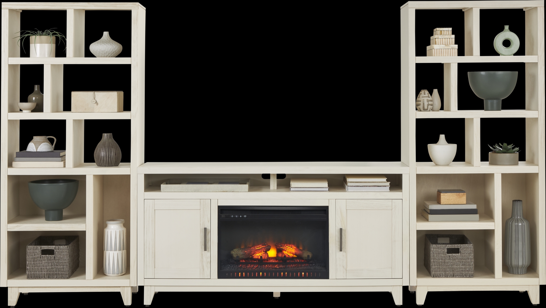 Valinor White 4 Pc Wall Unit with 64 in. Console and Electric Log Fireplace - Thumbnail - Image 2
