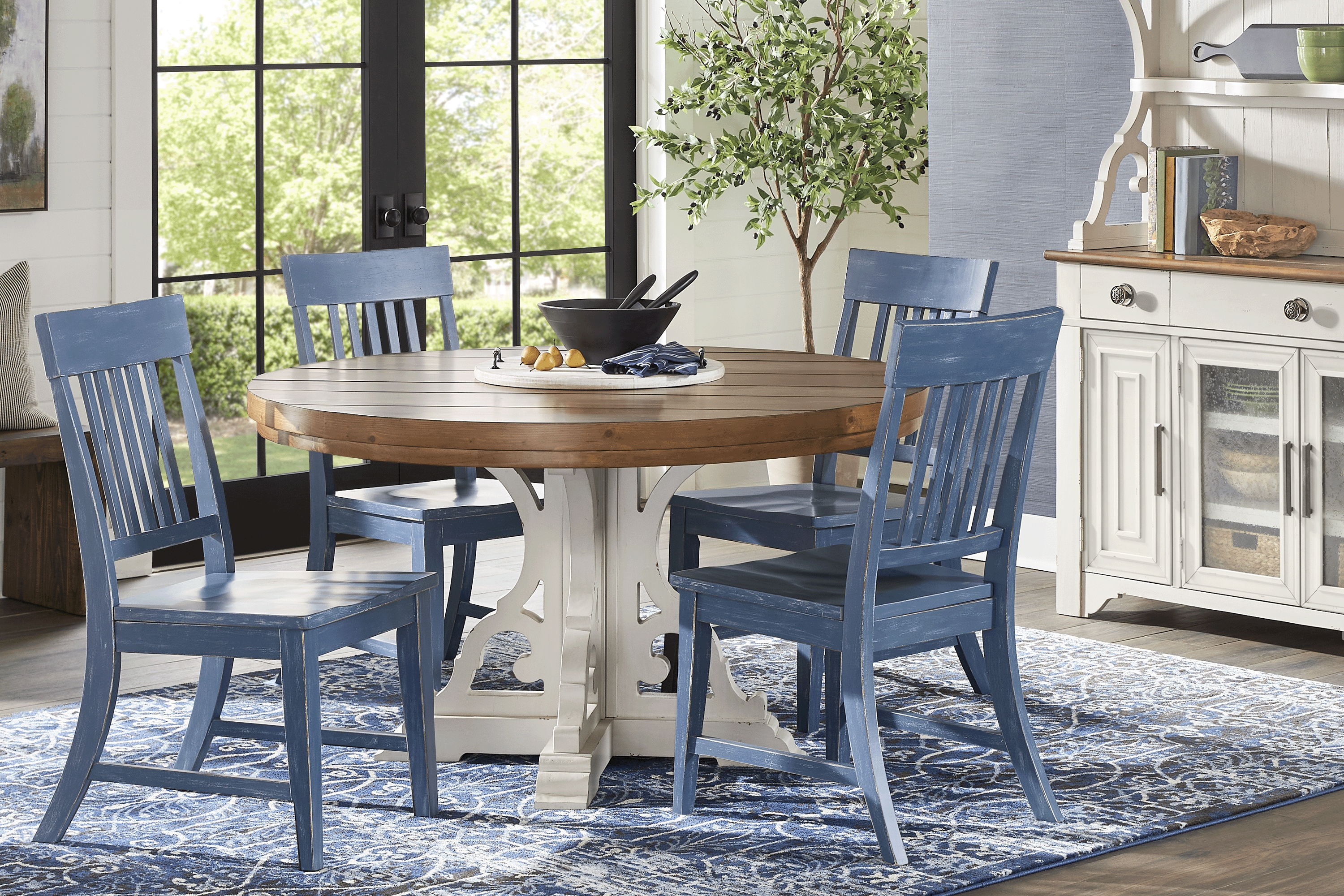 Wicklow Hills White 5 Pc Round Dining Room with Blue Slat Back Side Chairs - Thumbnail - Image 1