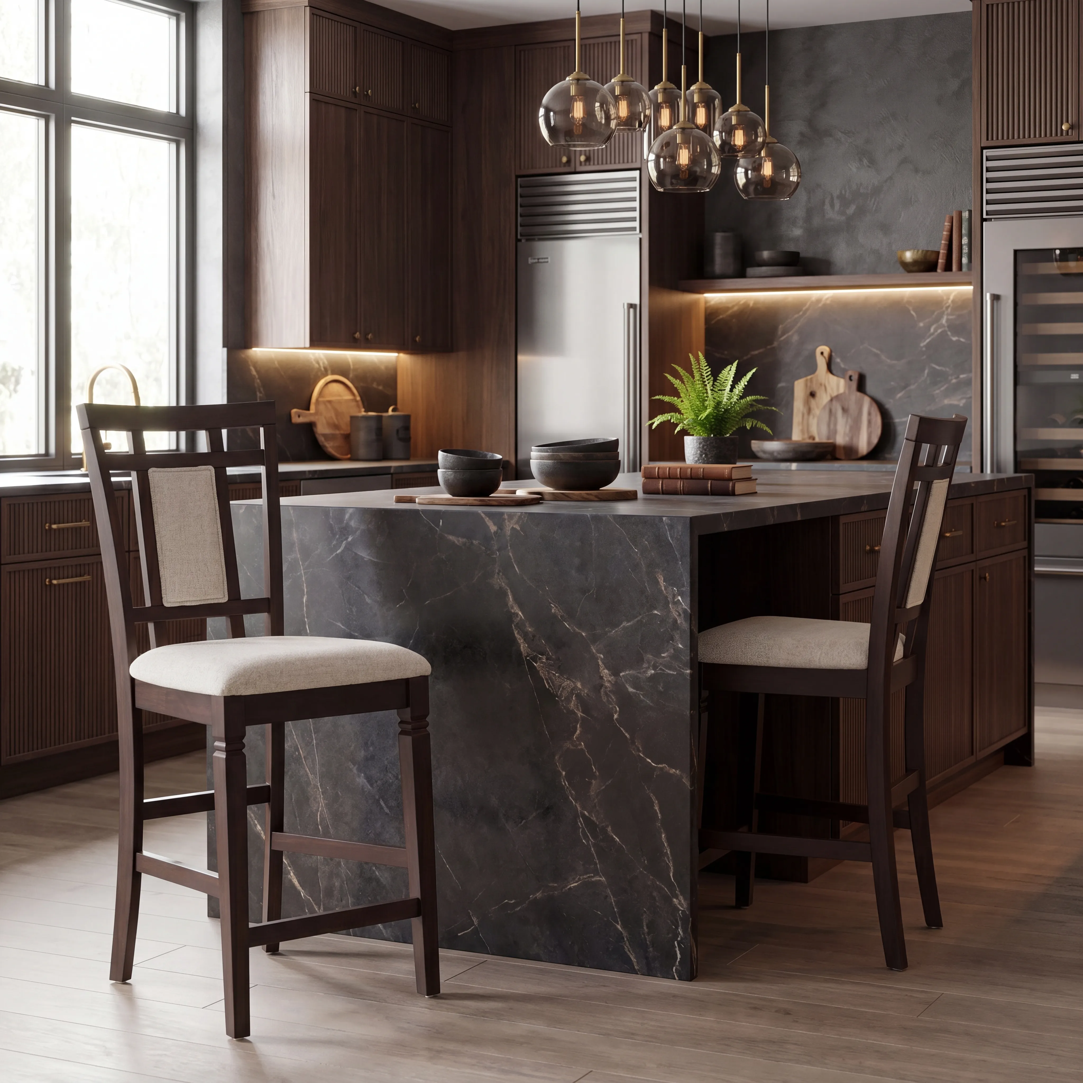 Winslow Brown Cherry Finish 5 Pc Square Counter Height Dining Room with Upholstered Stools - Thumbnail - Image 6