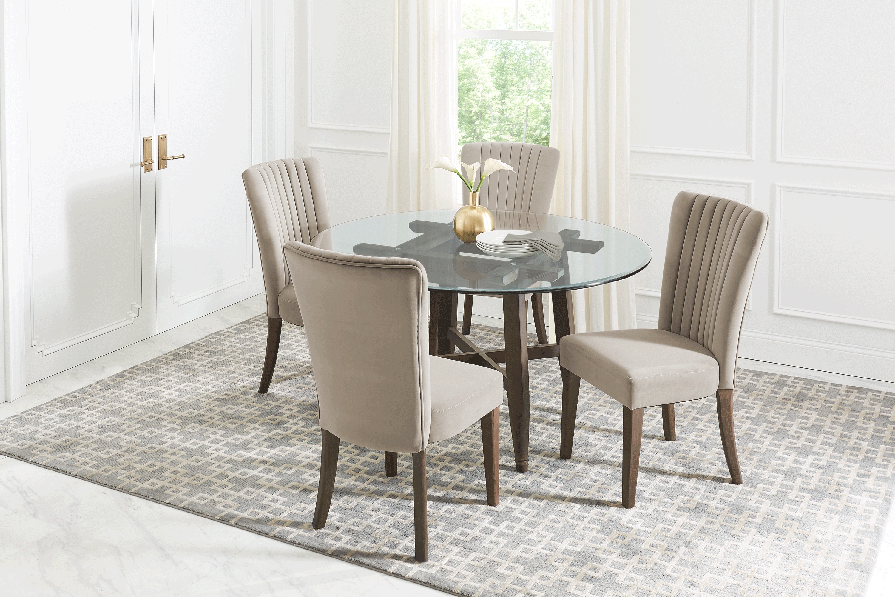 Woodland Avenue Brown 5 Pc Round Dining Set with Beige Chairs - Thumbnail - Image 1