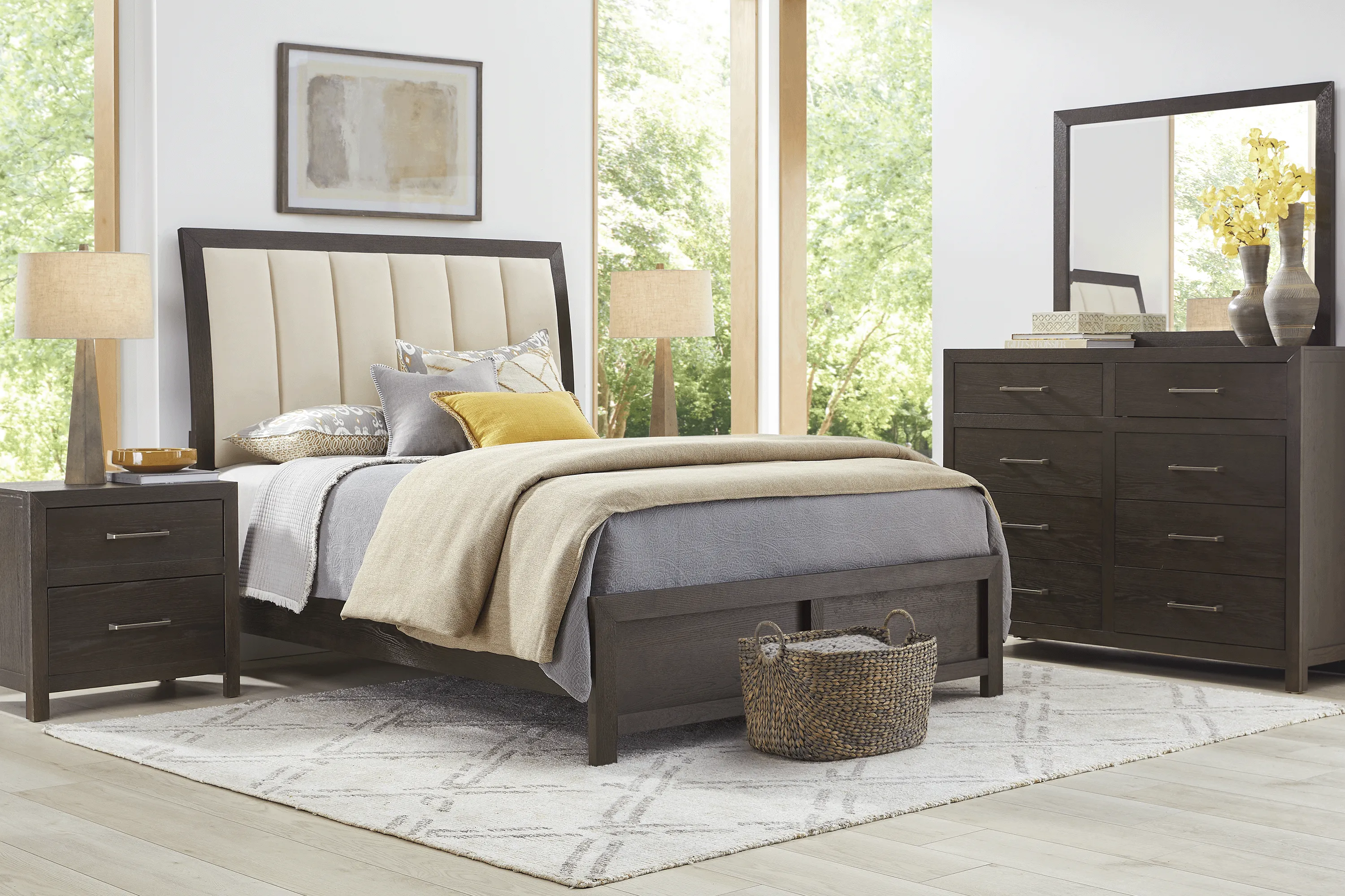 Woodley Dark Brown 5 Pc Queen Upholstered Bedroom - Thumbnail - Image 1