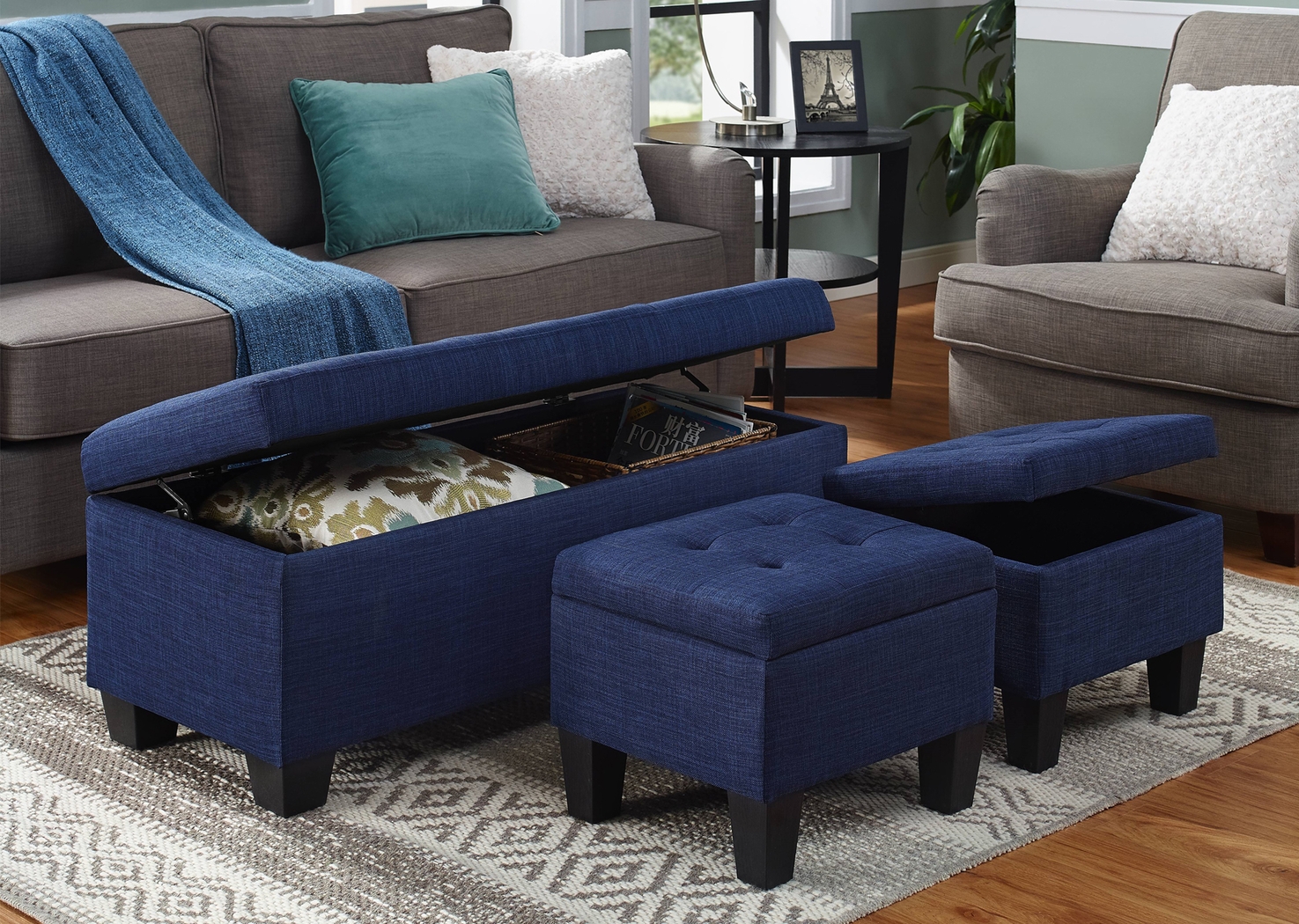 Yoest Blue 3pc Storage Ottoman Set - Thumbnail - Image 2