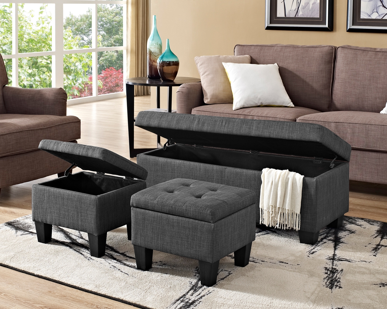 Yoest Charcoal 3pc Storage Ottoman Set - Thumbnail - Image 2
