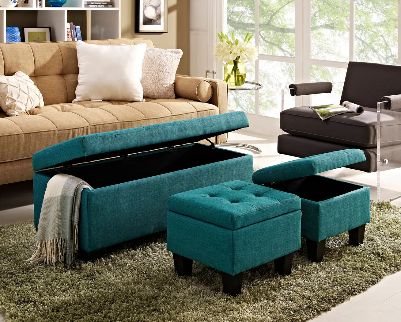 Yoest Teal 3pc Storage Ottoman Set - Thumbnail - Image 2