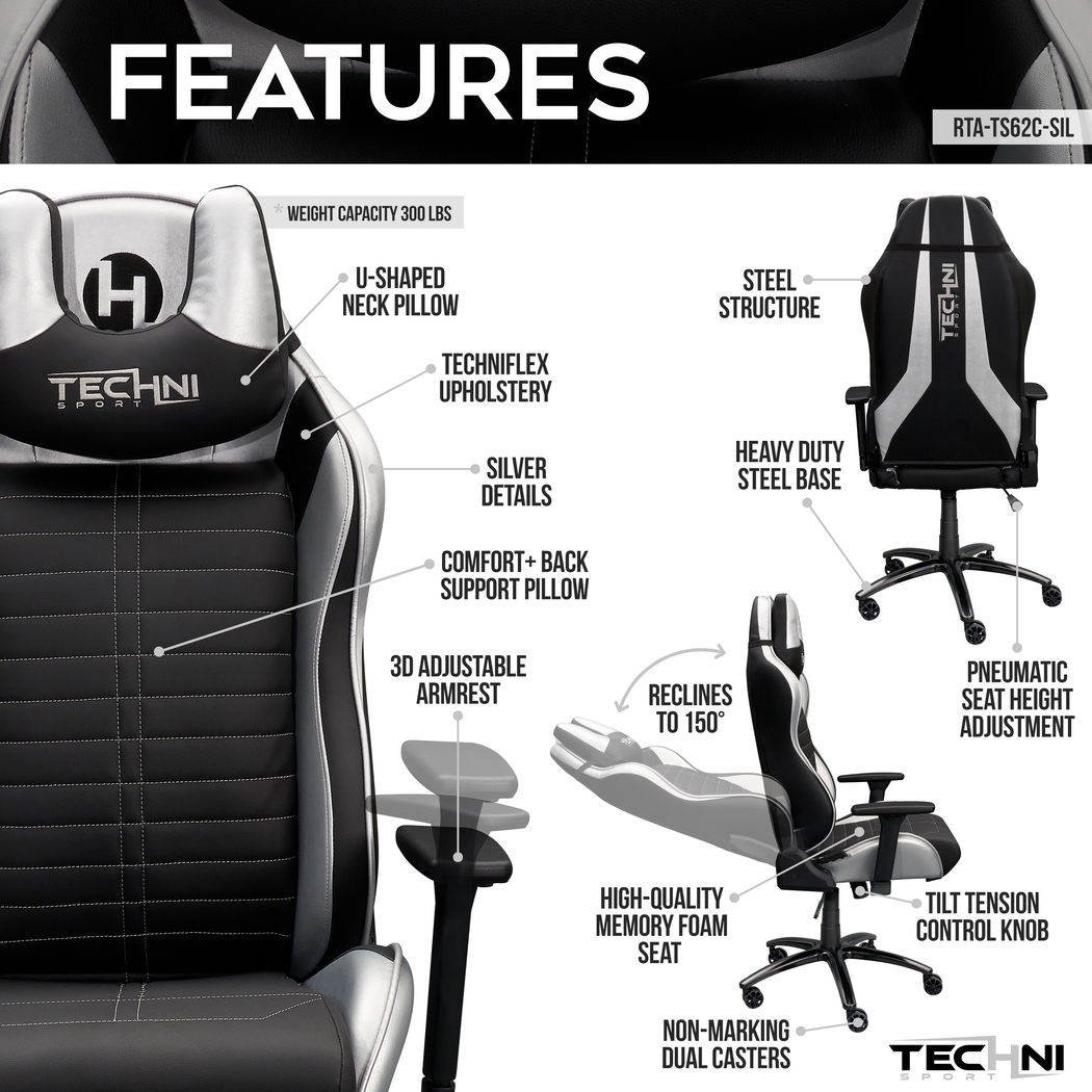 Zursa Black/Silver Gaming Chair - Thumbnail - Image 3