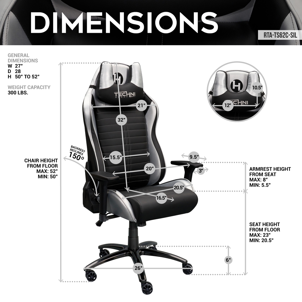 Zursa Black/Silver Gaming Chair - Thumbnail - Image 4