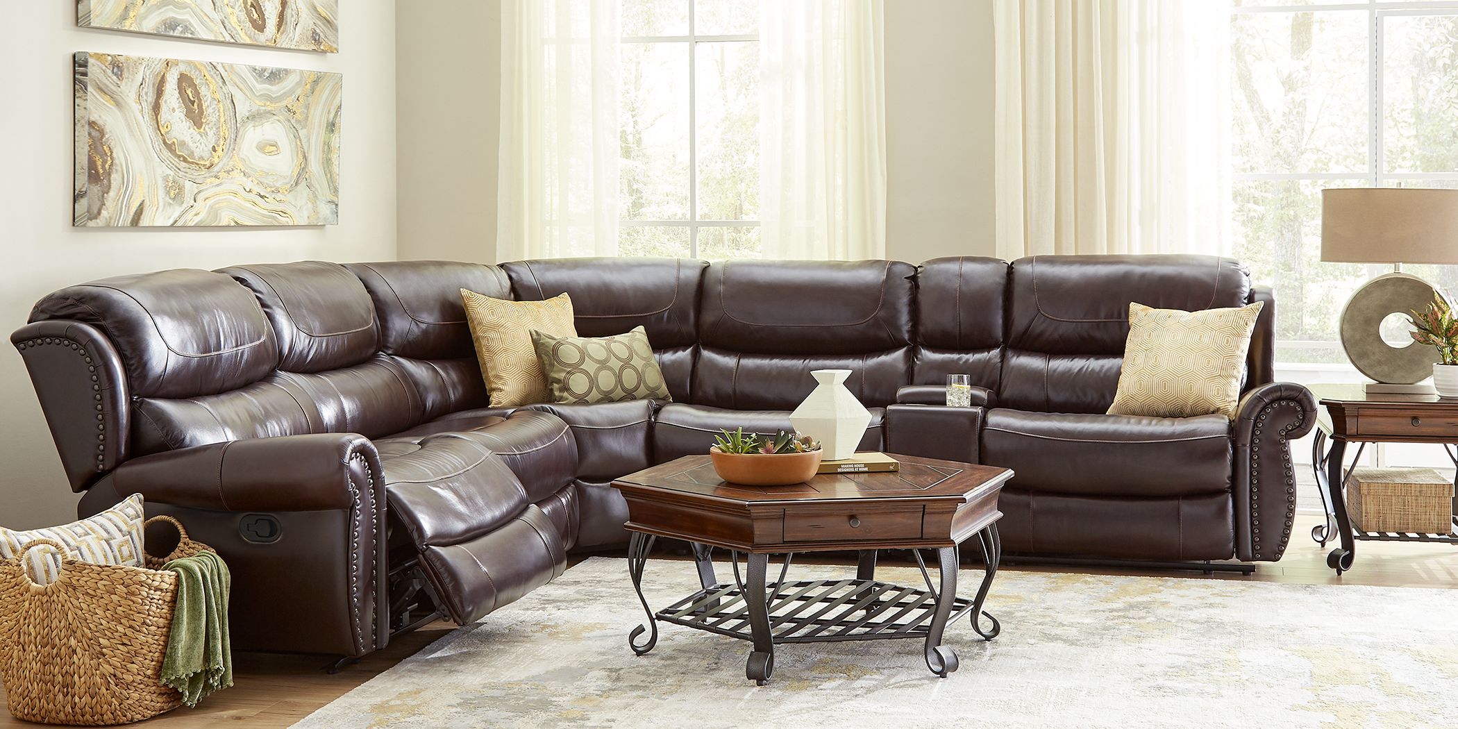 Brown Leather Sectional Living Room Set