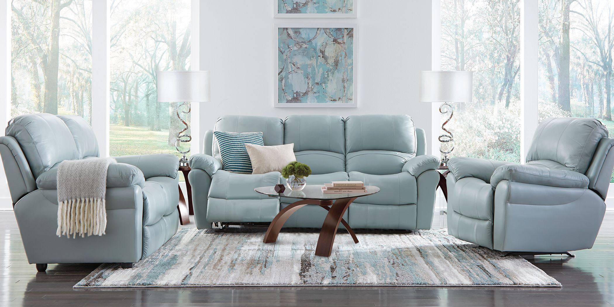 Vercelli Aqua Leather 3 Pc Living Room with Reclining Sofa Rooms To Go